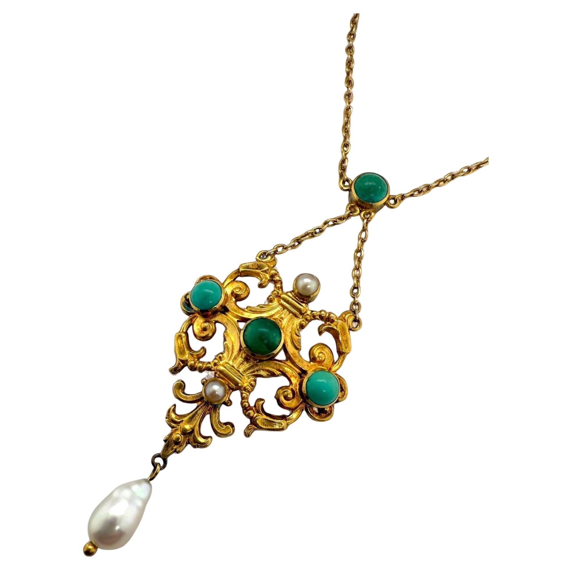 Vintage Turquoise & Pearl 18K Yellow Gold Necklace