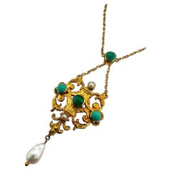 Vintage Turquoise & Pearl 18K Yellow Gold Necklace
