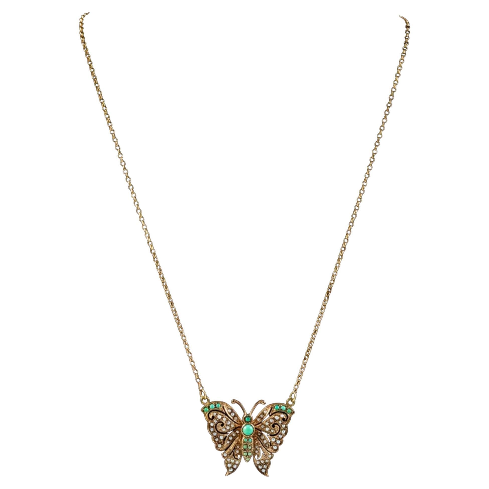 Vintage Turquoise Pearl Butterfly Lavaliere Pendant Necklace, Dated 1976