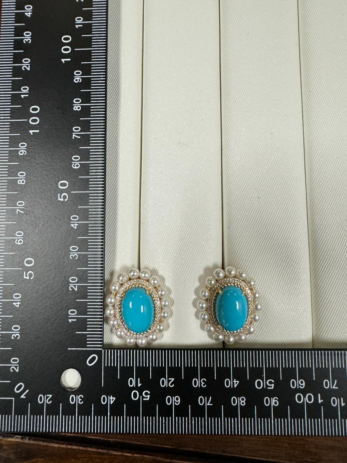 Contemporary Vintage Turquoise Pearl Diamond Earrings in 14 Karat Yellow Gold For Sale