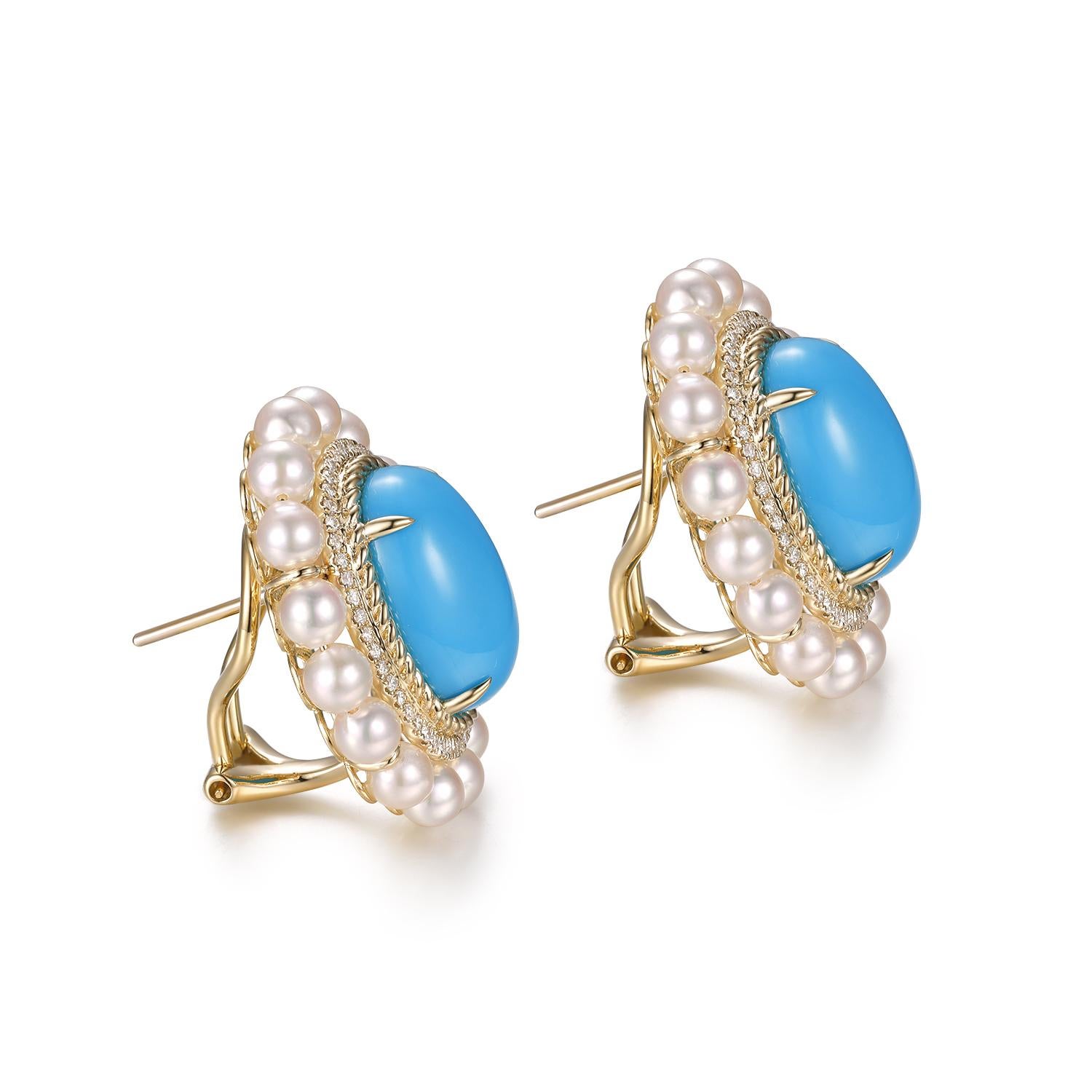 These are sumptuous earrings, crafted in 14-karat yellow gold, each centered with a turquoise stone totaling 10.40 carats for the pair. The turquoise stones boast a captivating oval cut, exhibiting a brilliant sky-blue color that conjures images of