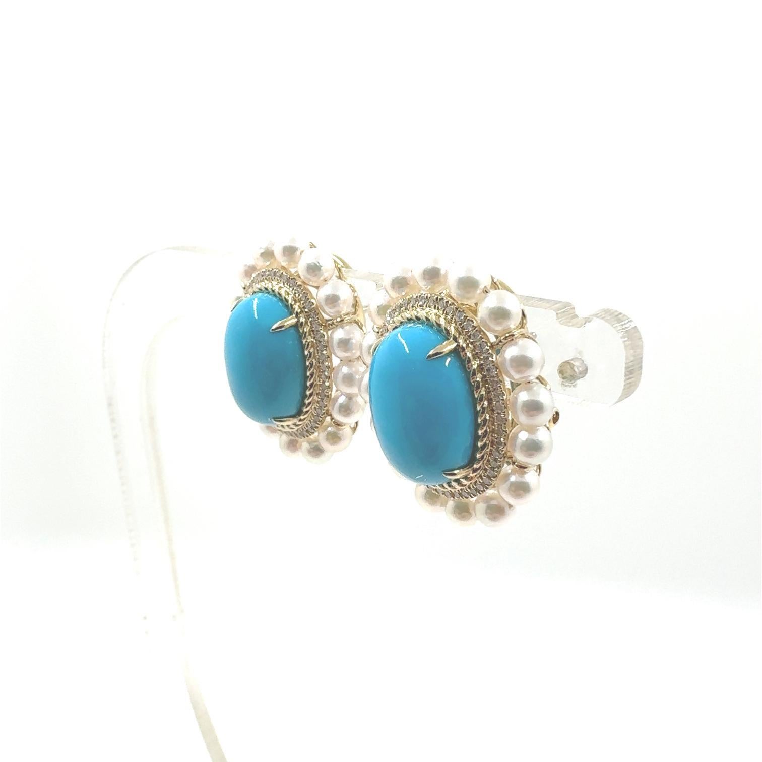 Vintage Turquoise Pearl Diamond Earrings in 14 Karat Yellow Gold In New Condition For Sale In Hong Kong, HK