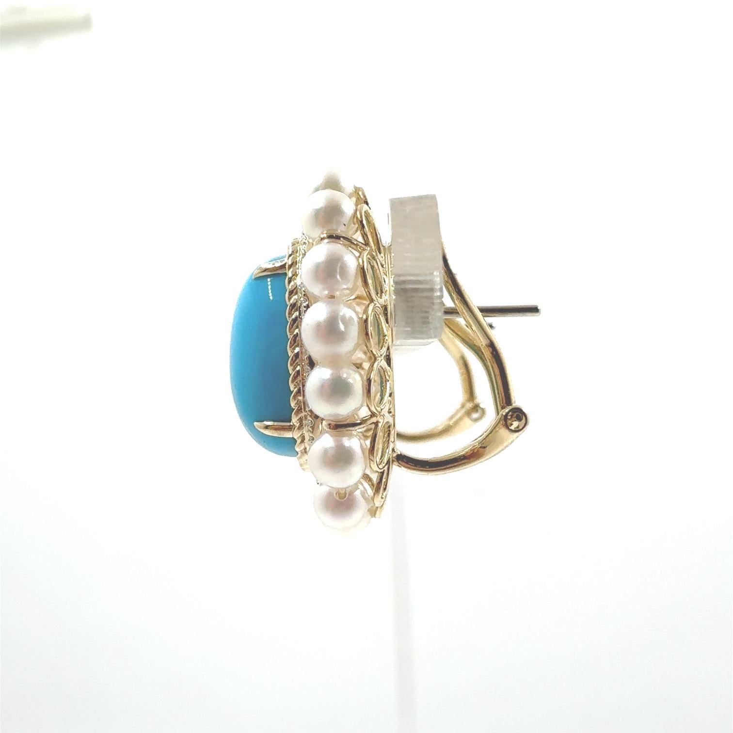 Women's Vintage Turquoise Pearl Diamond Earrings in 14 Karat Yellow Gold For Sale