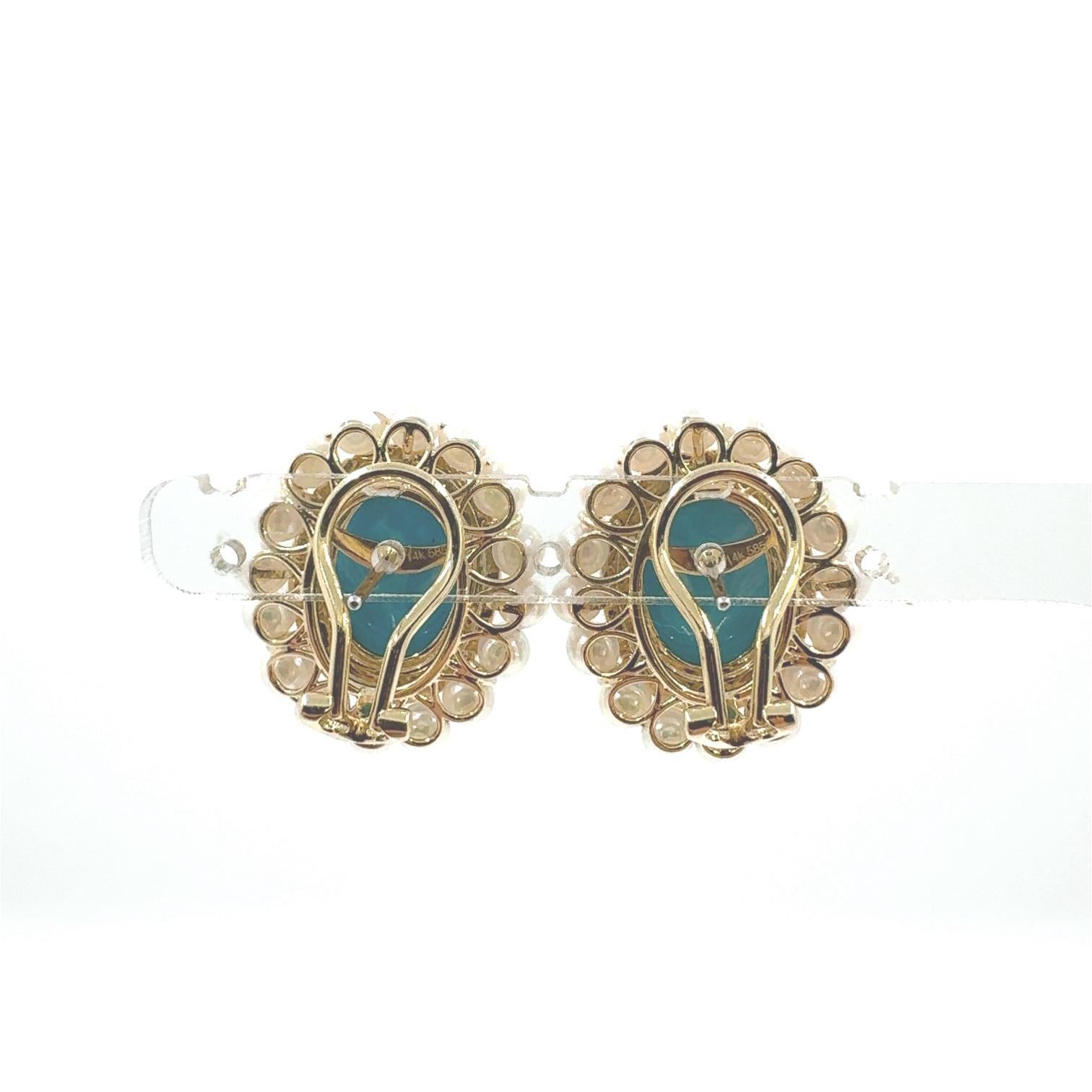 Boucles d'oreilles en or jaune 14 carats avec turquoise, perles et diamants en vente 1