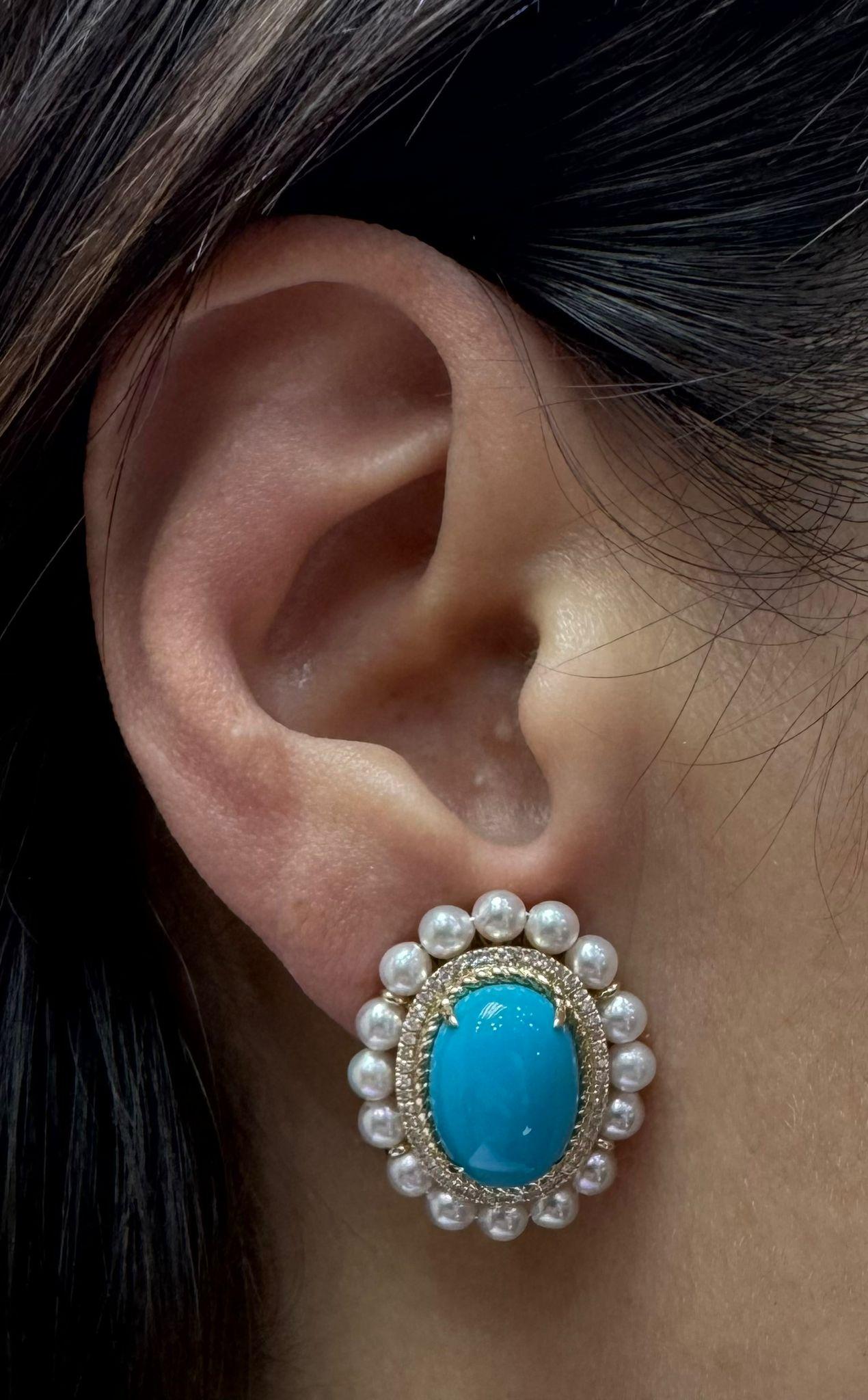 Boucles d'oreilles en or jaune 14 carats avec turquoise, perles et diamants en vente 2