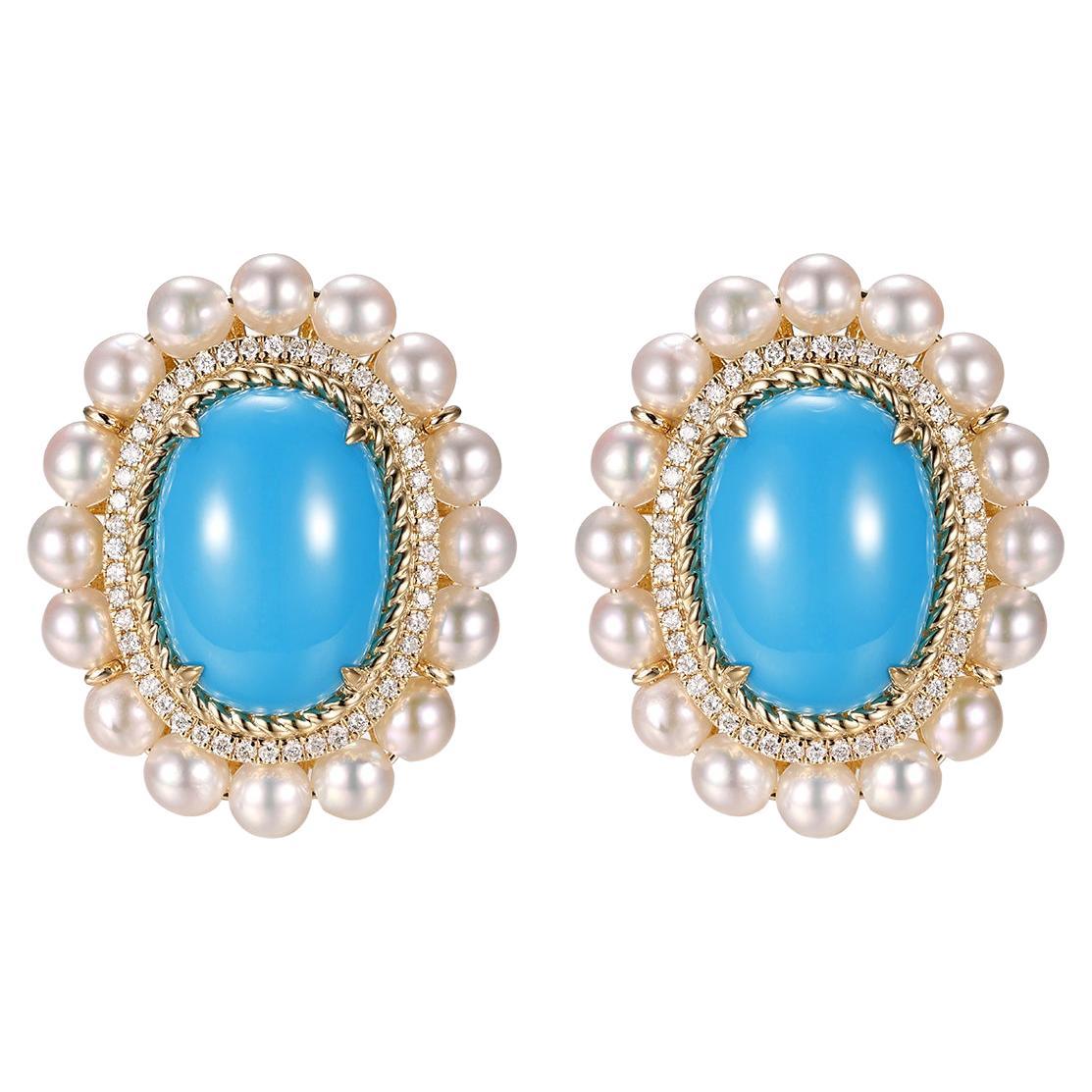 Boucles d'oreilles en or jaune 14 carats avec turquoise, perles et diamants
