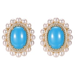 Boucles d'oreilles en or jaune 14 carats avec turquoise, perles et diamants