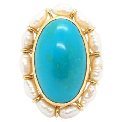 Vintage Turquoise Pearls 18 Karats Yellow Gold Ring