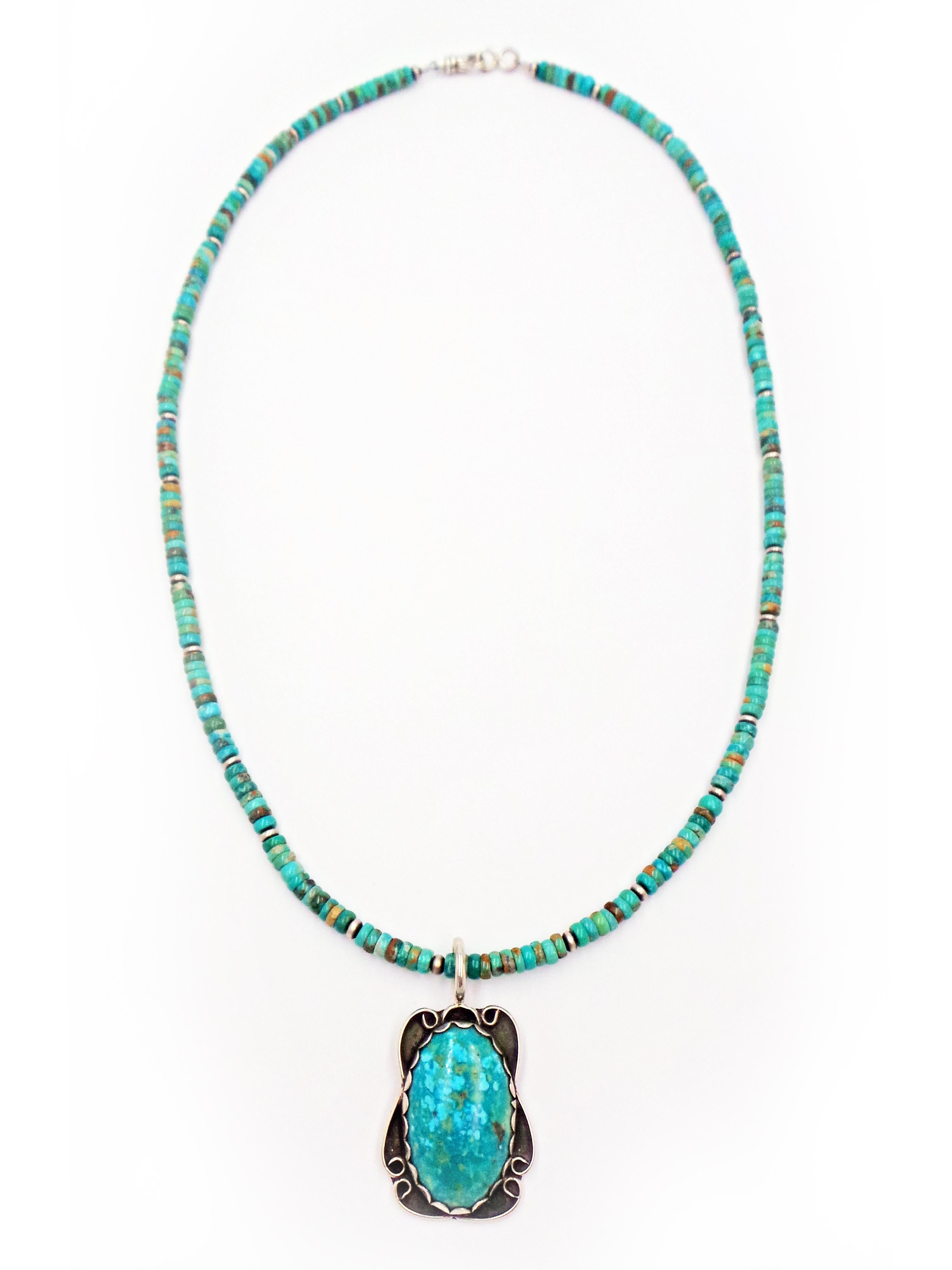 Beautiful Old Pawn Carico Lake Turquoise pendant with contemporary added bail on Fox Turquoise and small Navajo Pearl beaded necklace. Pendant bail is large enough to be removed from beaded necklace, and worn on on your own chain or leather cord.