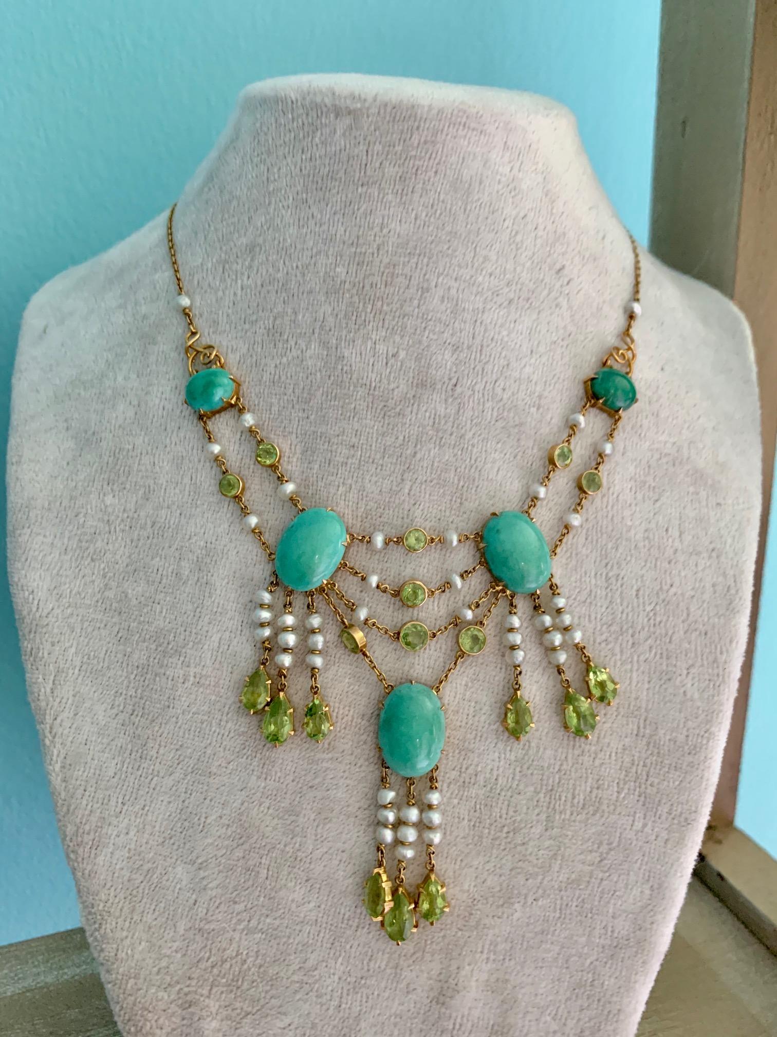 Oval Cut Vintage Turquoise, Peridot and Pearl 14 Karat Gold Necklace For Sale