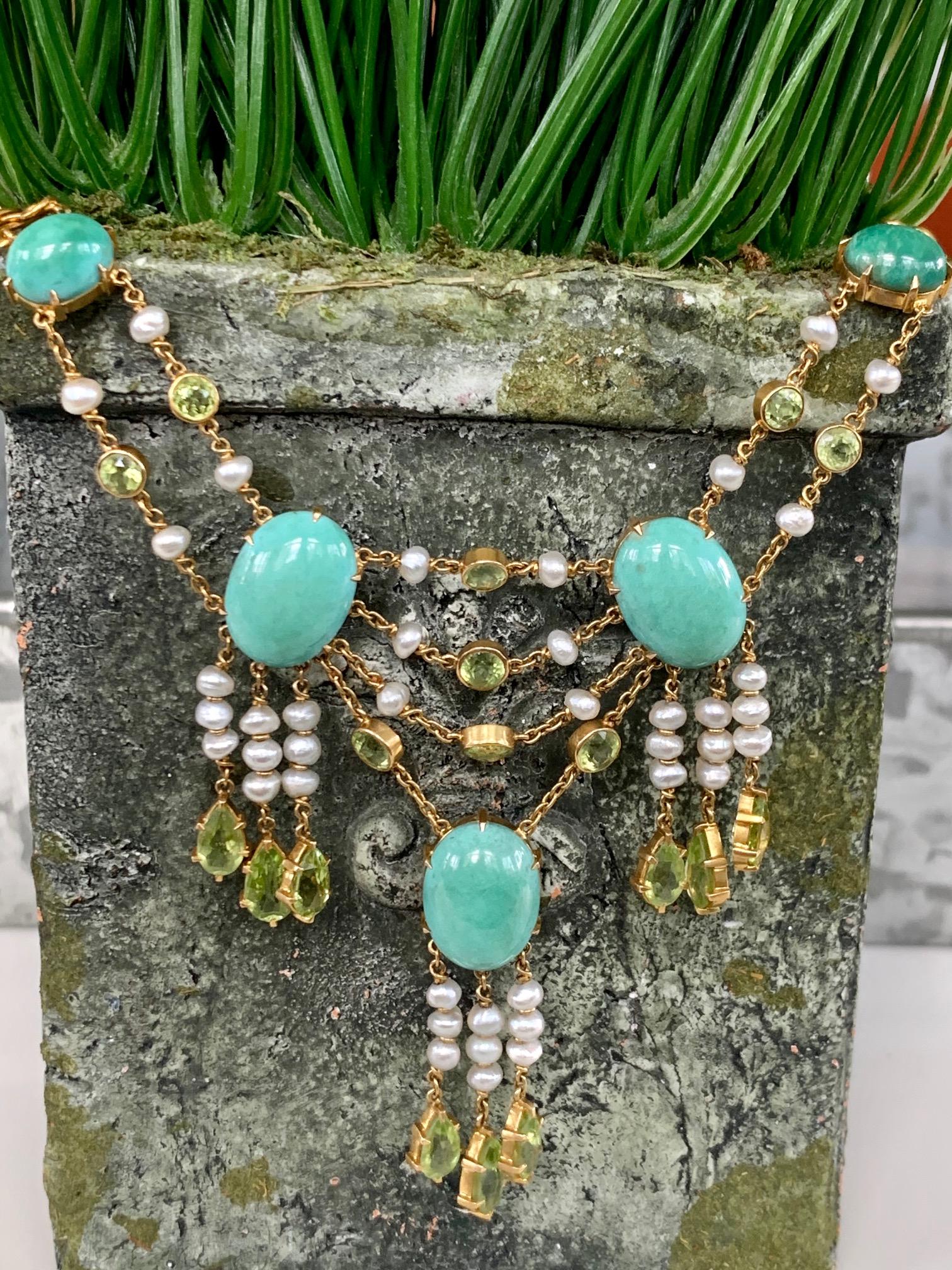 Vintage Turquoise, Peridot and Pearl 14 Karat Gold Necklace In Excellent Condition For Sale In St. Louis Park, MN