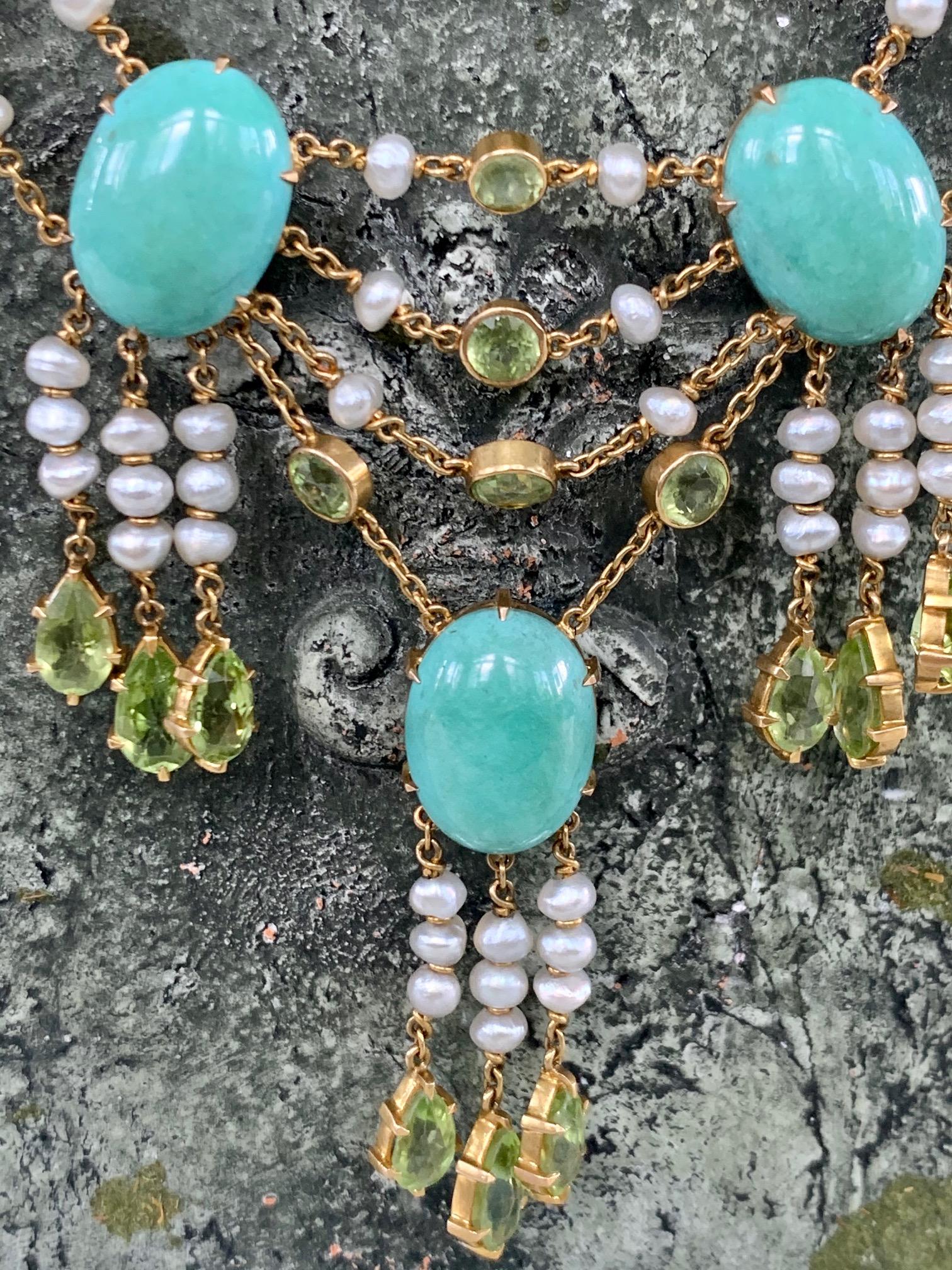 Women's Vintage Turquoise, Peridot and Pearl 14 Karat Gold Necklace For Sale