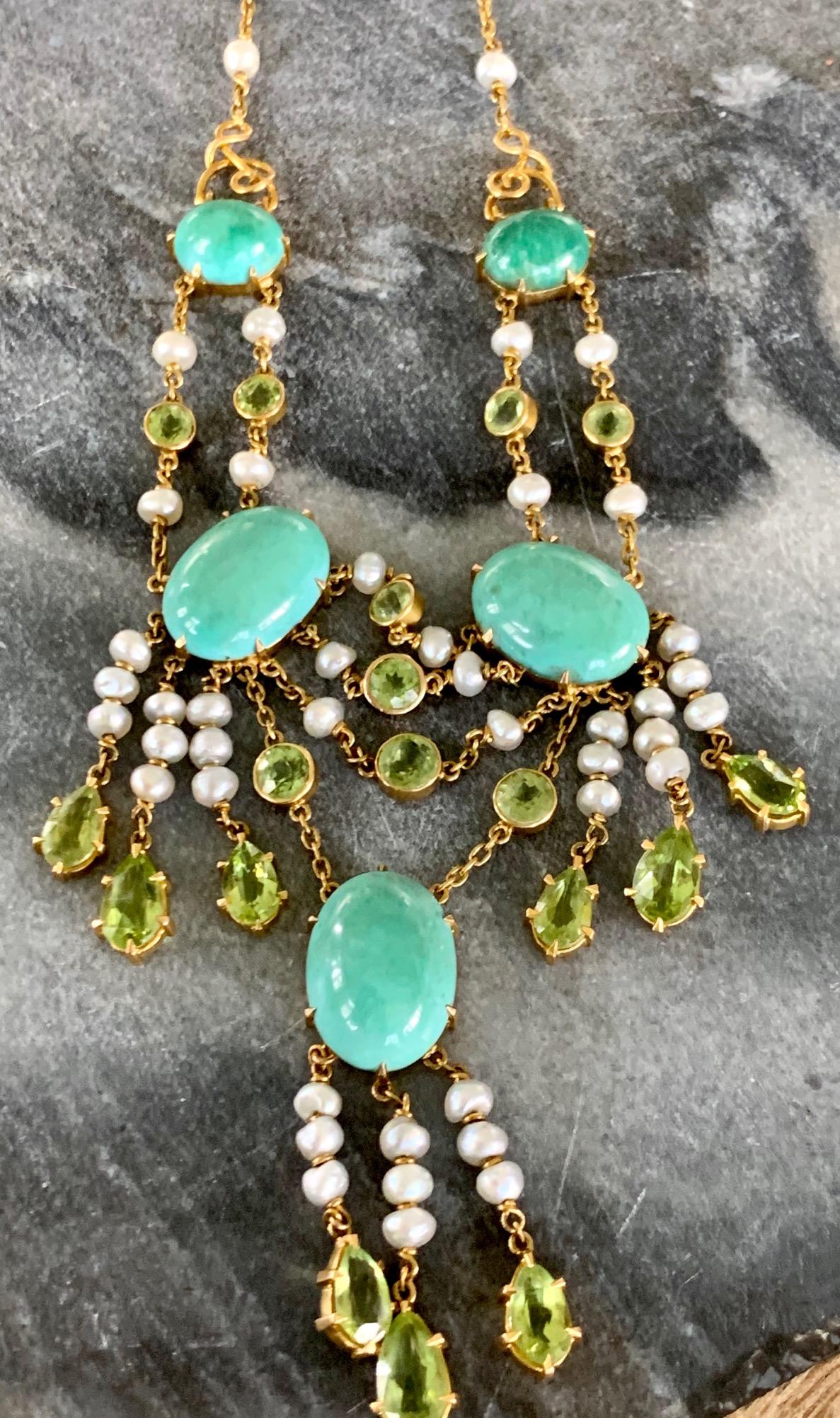 Vintage Turquoise, Peridot and Pearl 14 Karat Gold Necklace For Sale 1