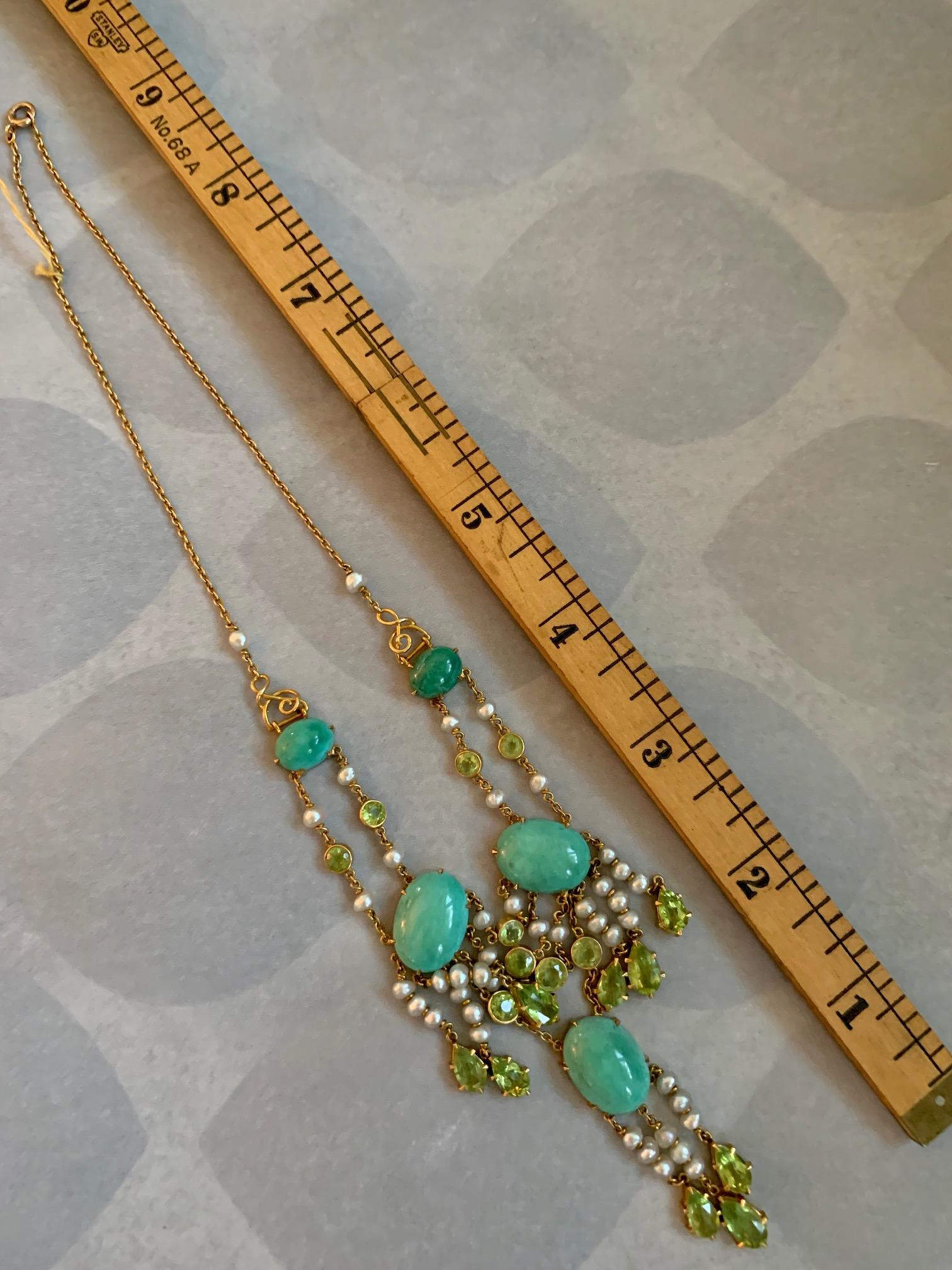 Vintage Turquoise, Peridot and Pearl 14 Karat Gold Necklace For Sale 3