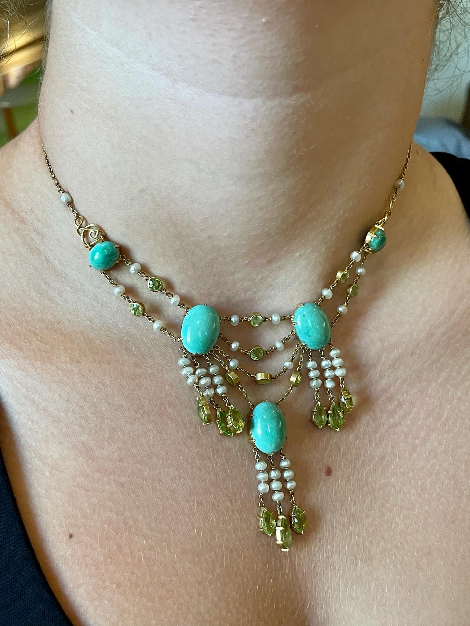 Vintage Turquoise, Peridot and Pearl 14 Karat Gold Necklace For Sale 4