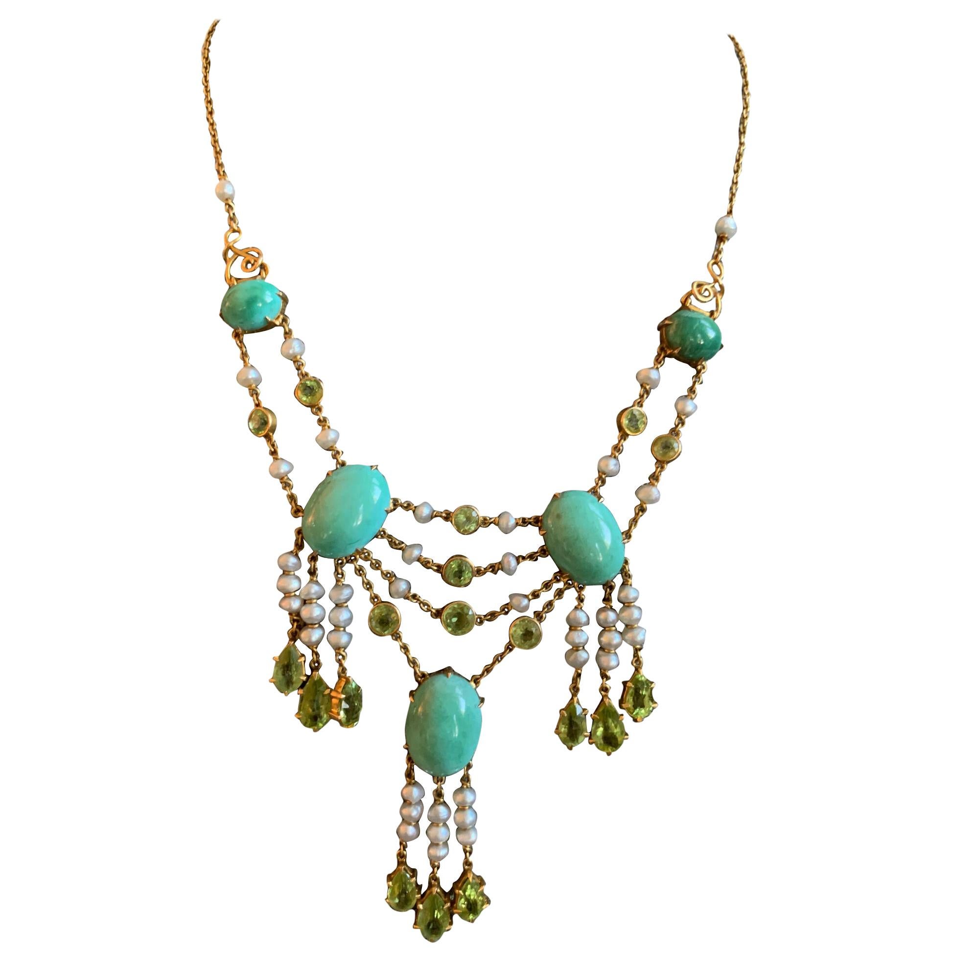 Vintage Turquoise, Peridot and Pearl 14 Karat Gold Necklace For Sale