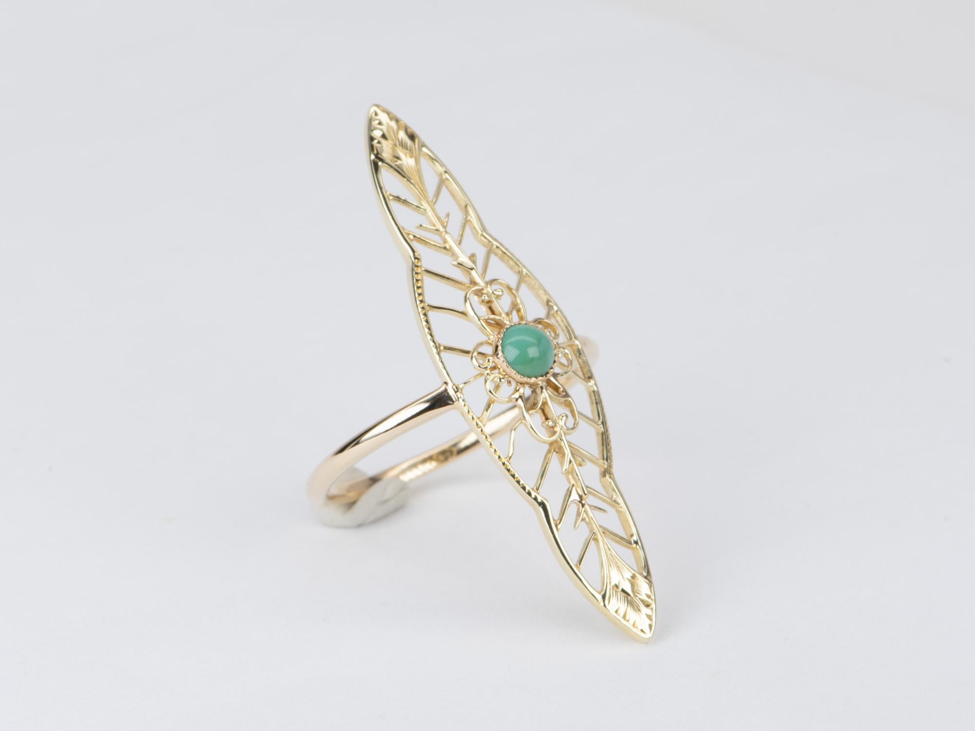Uncut Vintage Turquoise Pin Converted to Navette Ring 14K Gold V1096 For Sale