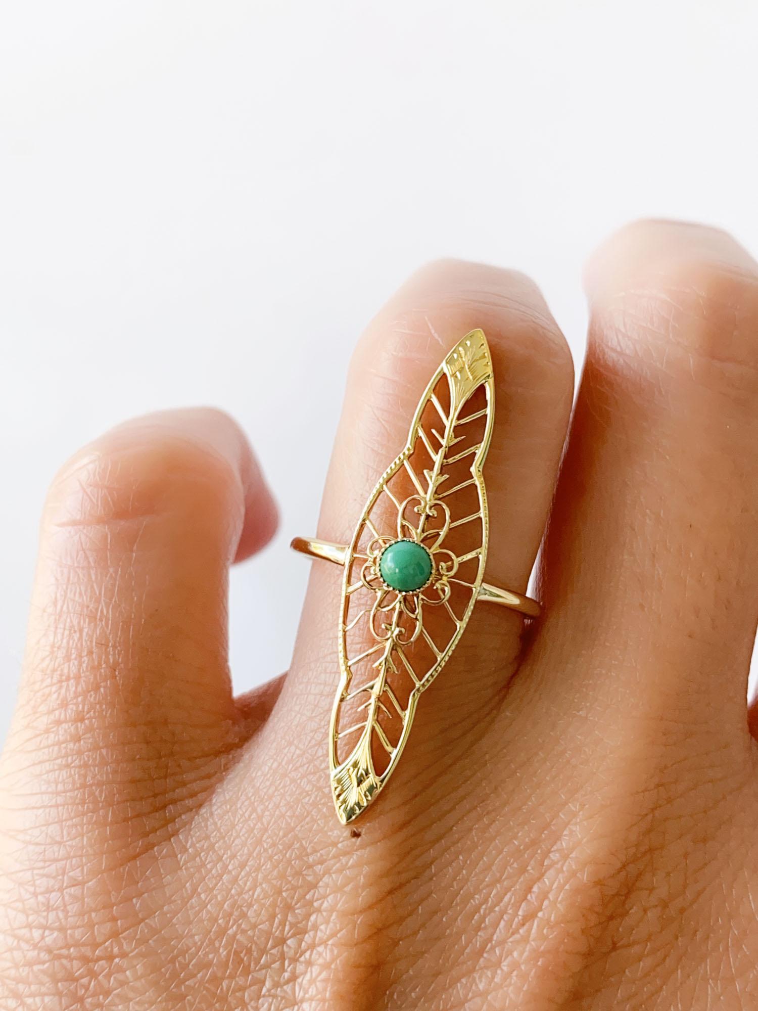 Vintage Turquoise Pin Converted to Navette Ring 14K Gold V1096 For Sale 1