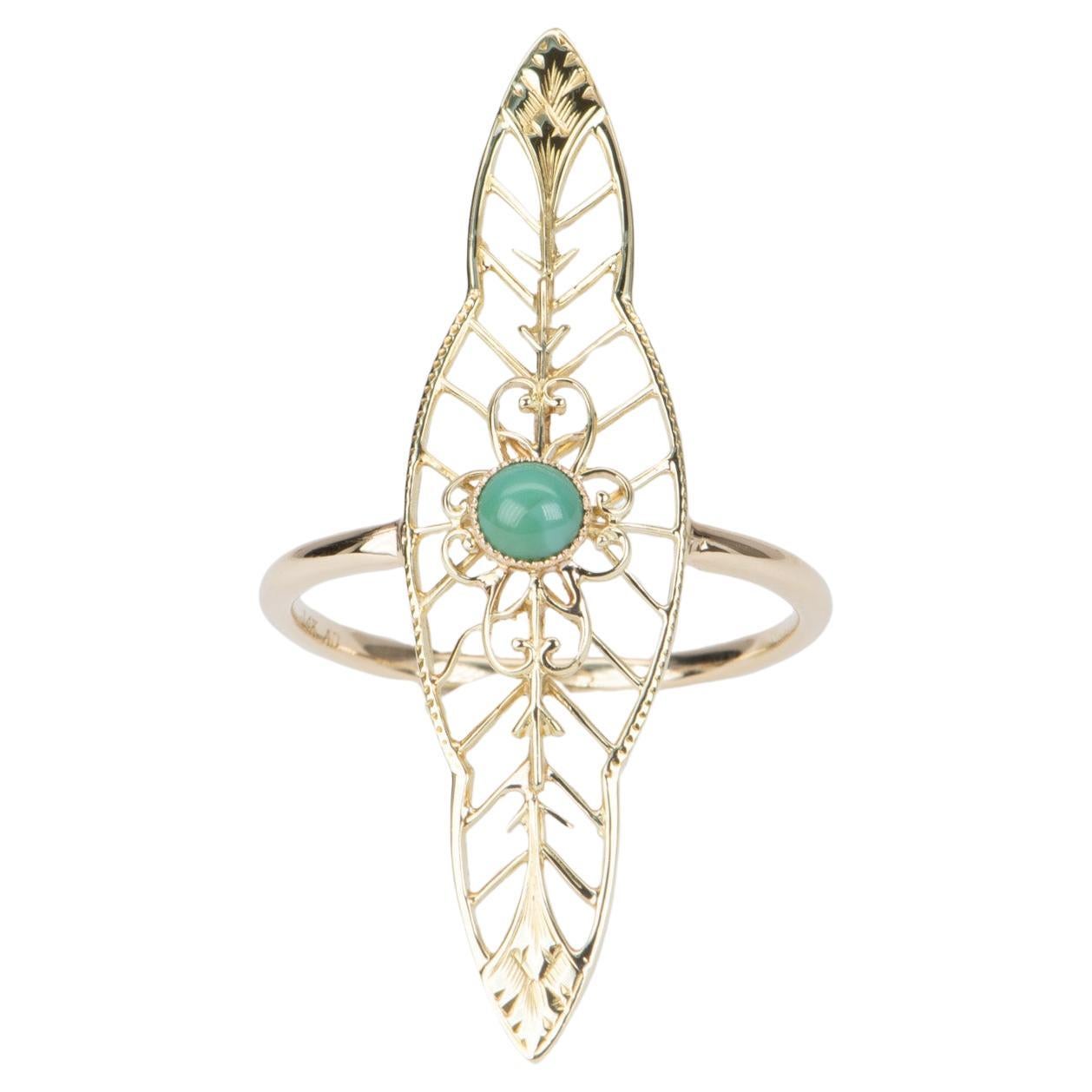 Vintage Turquoise Pin Converted to Navette Ring 14K Gold V1096 For Sale