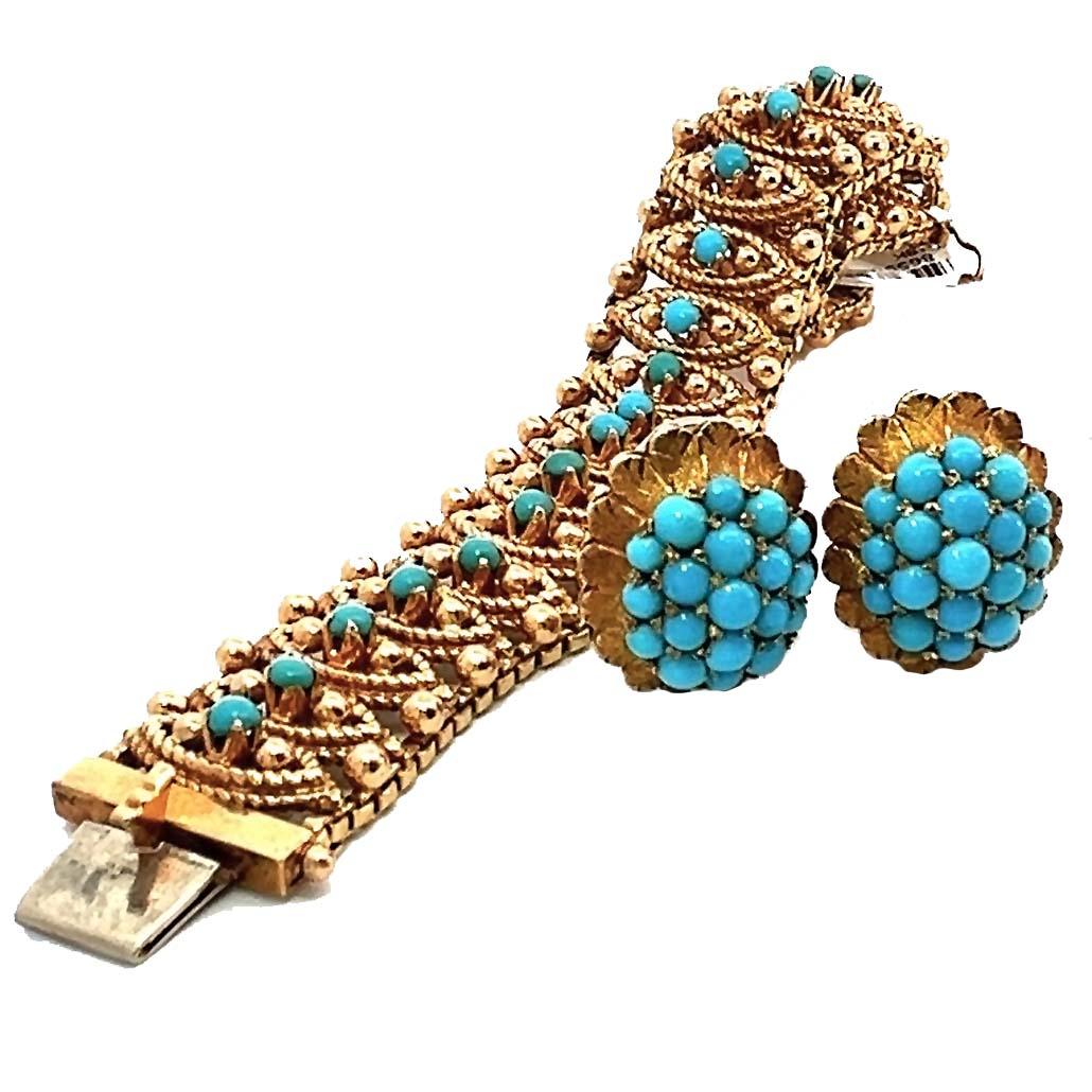 Vintage Türkis Retro Link Armband und Ohrring Set im Zustand „Hervorragend“ in Beverly Hills, CA