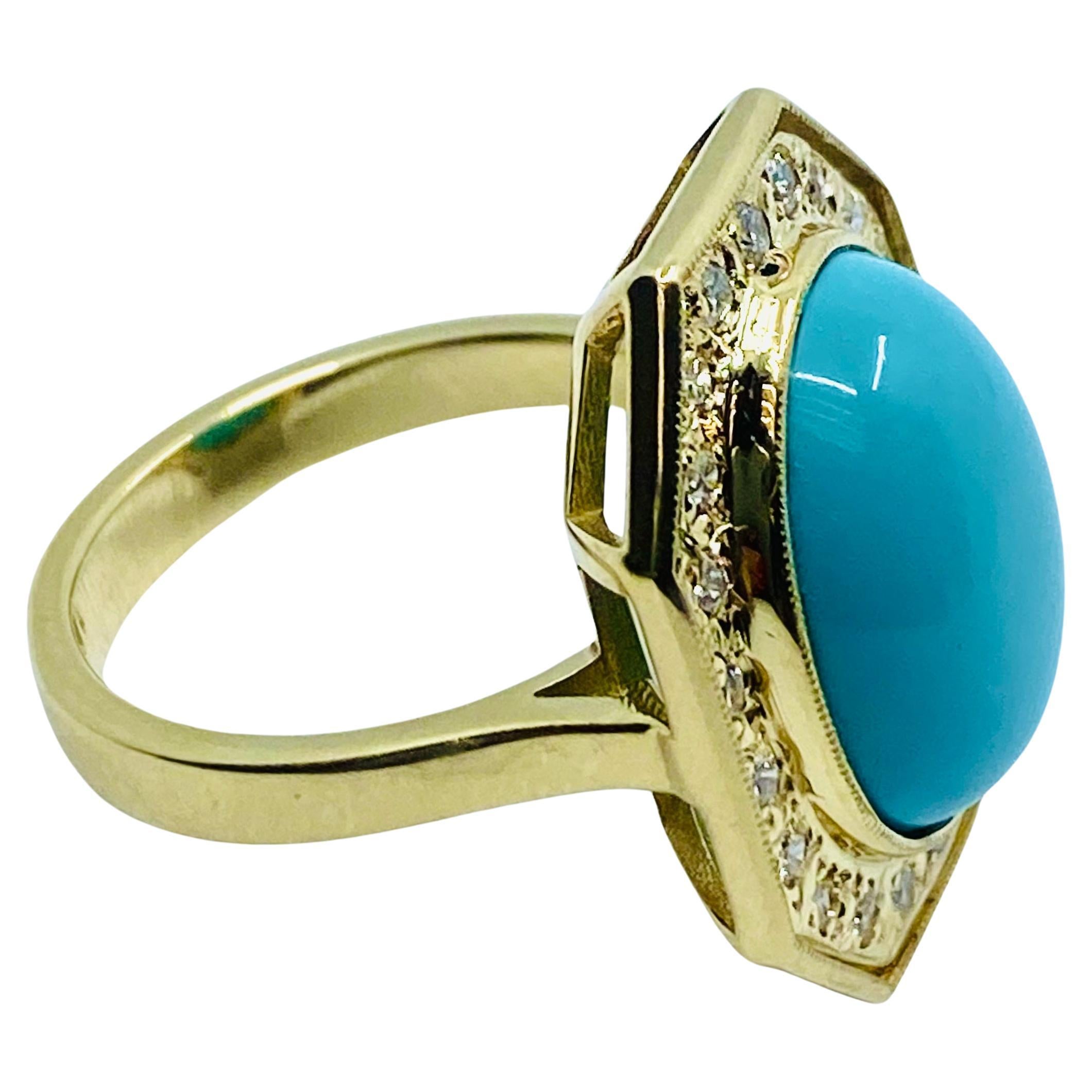 Cabochon Vintage Turquoise Ring 14k Gold Octagon Shape For Sale