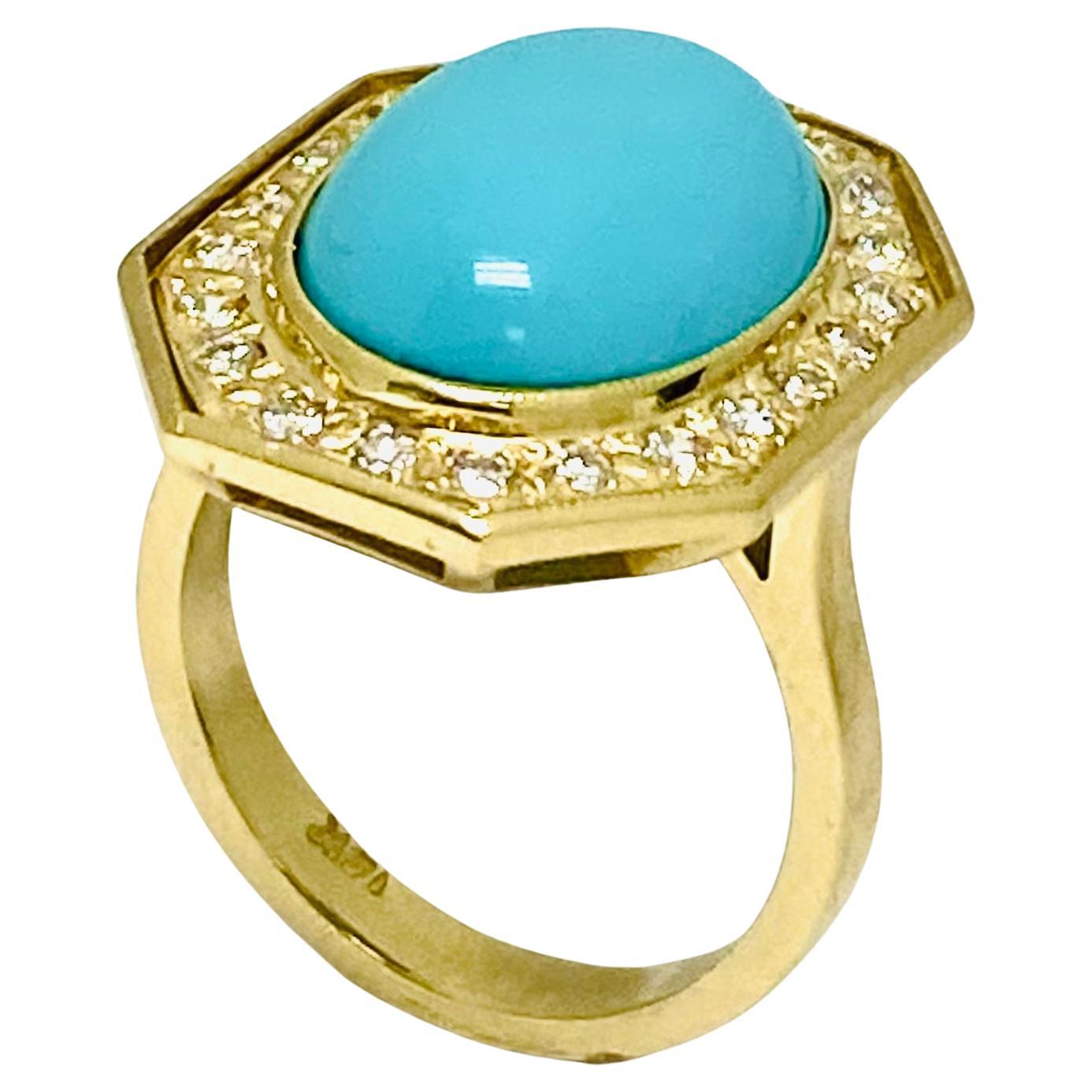 Women's Vintage Turquoise Ring 14k Gold Octagon Shape For Sale