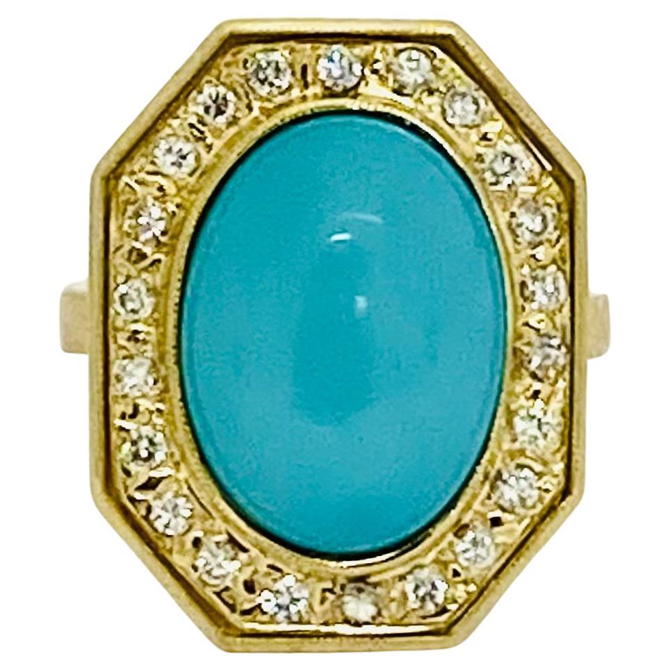 Vintage Turquoise Ring 14k Gold Octagon Shape For Sale 2