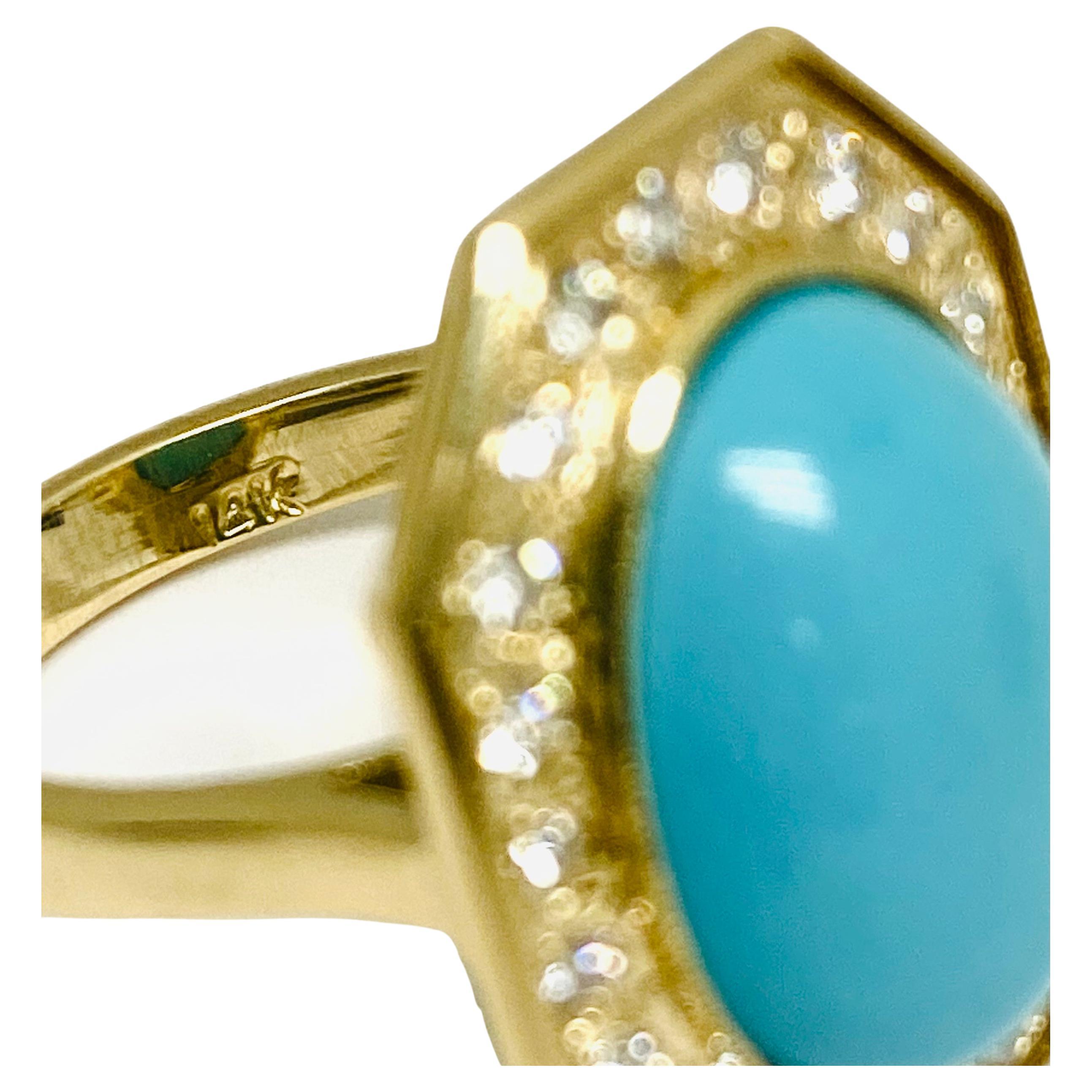 Vintage Turquoise Ring 14k Gold Octagon Shape For Sale 3