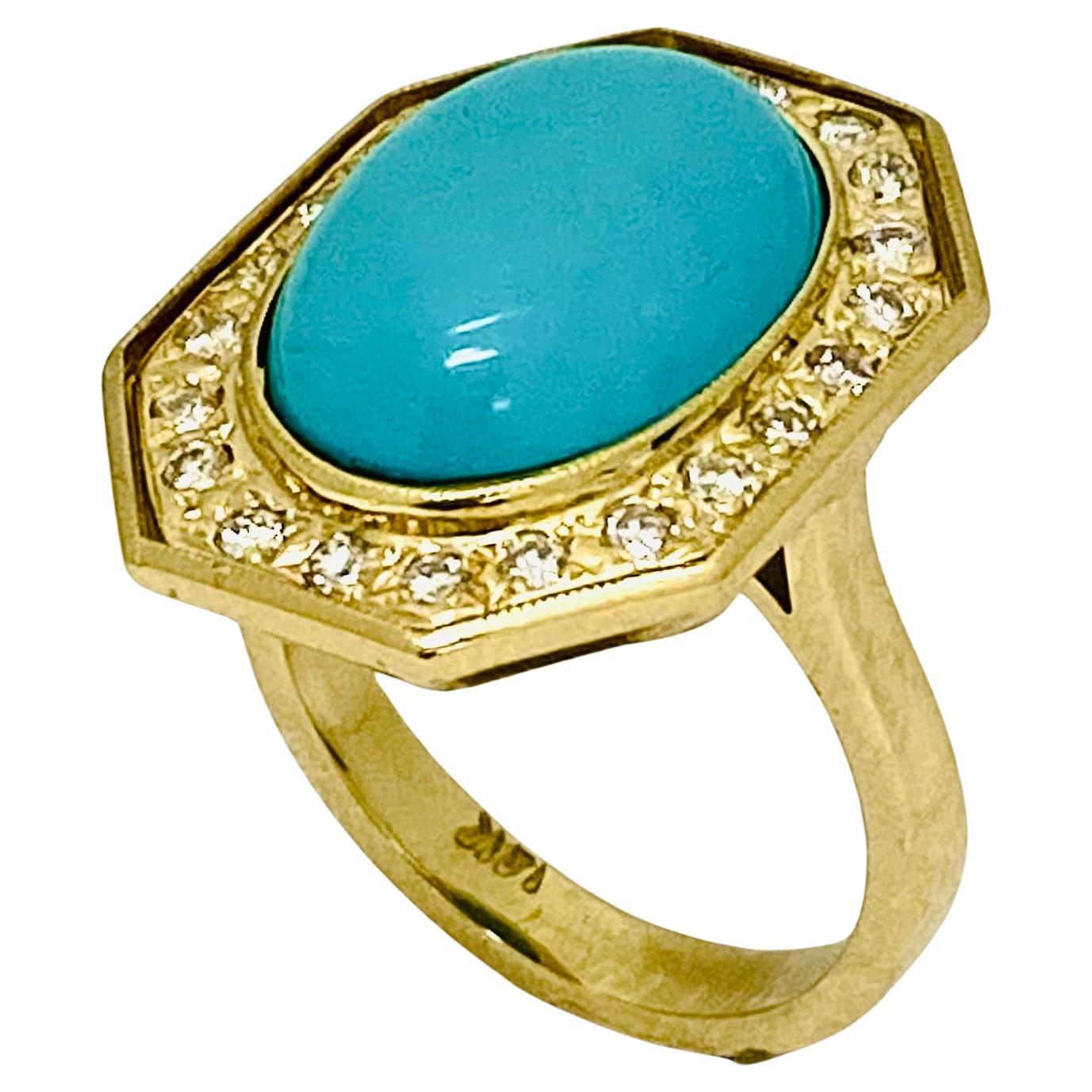 Vintage Turquoise Ring 14k Gold Octagon Shape For Sale