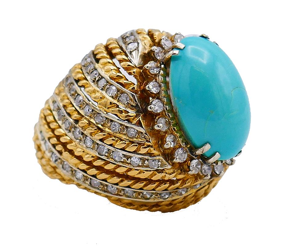 Mixed Cut Vintage Turquoise Ring 18k Gold Diamond French Estate Jewelry Signed SC For Sale