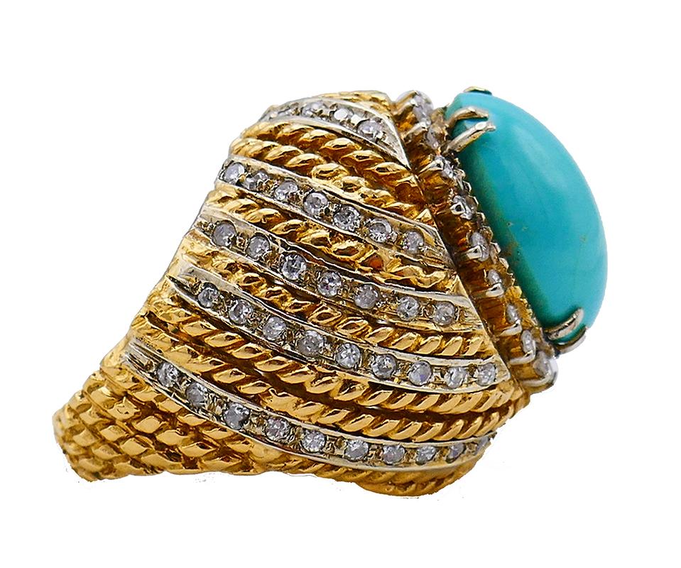 Vintage Turquoise Ring 18k Gold Diamond French Estate Jewelry Signed SC In Good Condition For Sale In Beverly Hills, CA