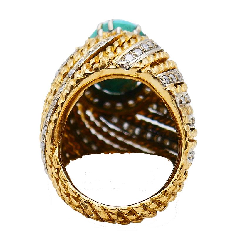 Vintage Turquoise Ring 18k Gold Diamond French Estate Jewelry Signed SC Pour femmes en vente