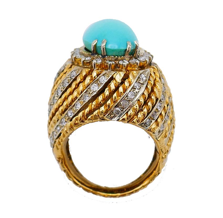Vintage Turquoise Ring 18k Gold Diamond French Estate Jewelry Signed SC For Sale 1