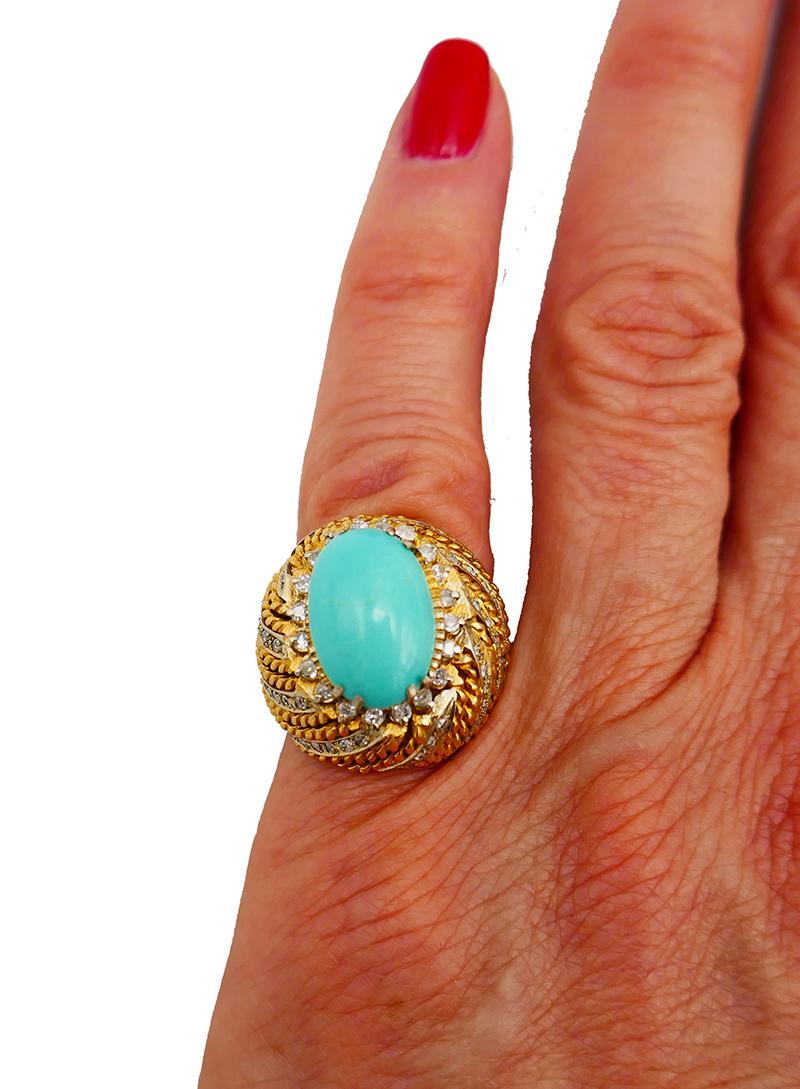 Vintage Turquoise Ring 18k Gold Diamond French Estate Jewelry Signed SC For Sale 3