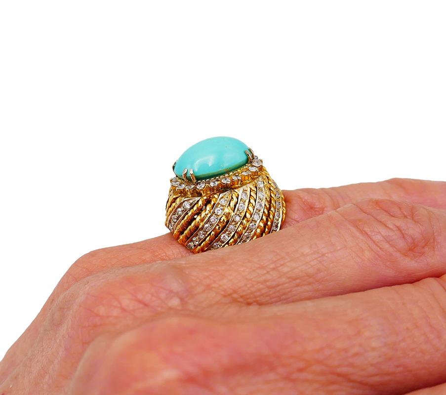 Vintage Turquoise Ring 18k Gold Diamond French Estate Jewelry Signed SC en vente 4