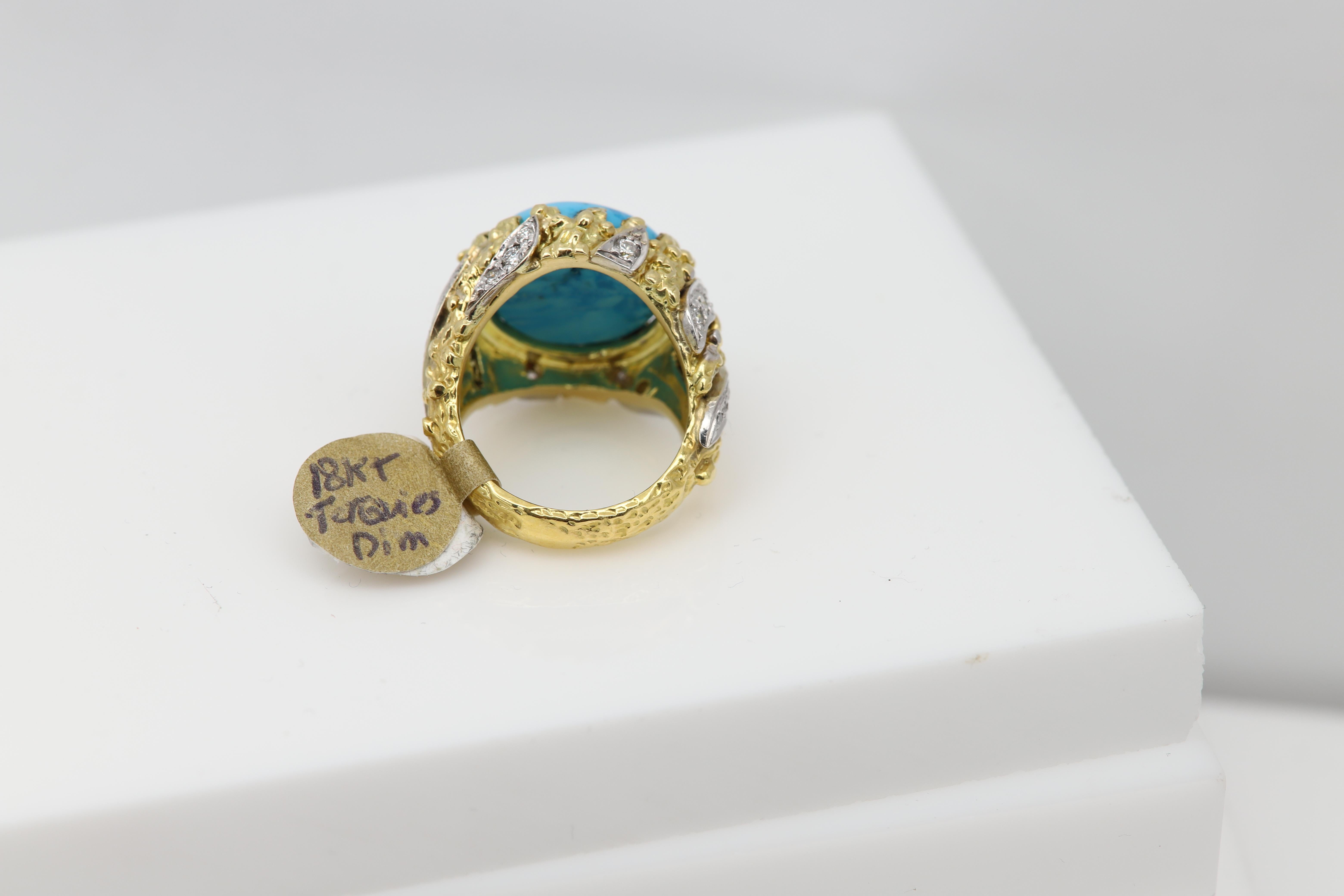 Vintage Turquoise Diamond Ring
18K Two Tones of Golds - Yellow and White Gold approx 18.2gr
Center Stone is Round Dome like shape Egyptian Natural Blue Turquoise
Size approx 15 mm in diameter 
some Natural diamonds 
All stones are natural 
Finger