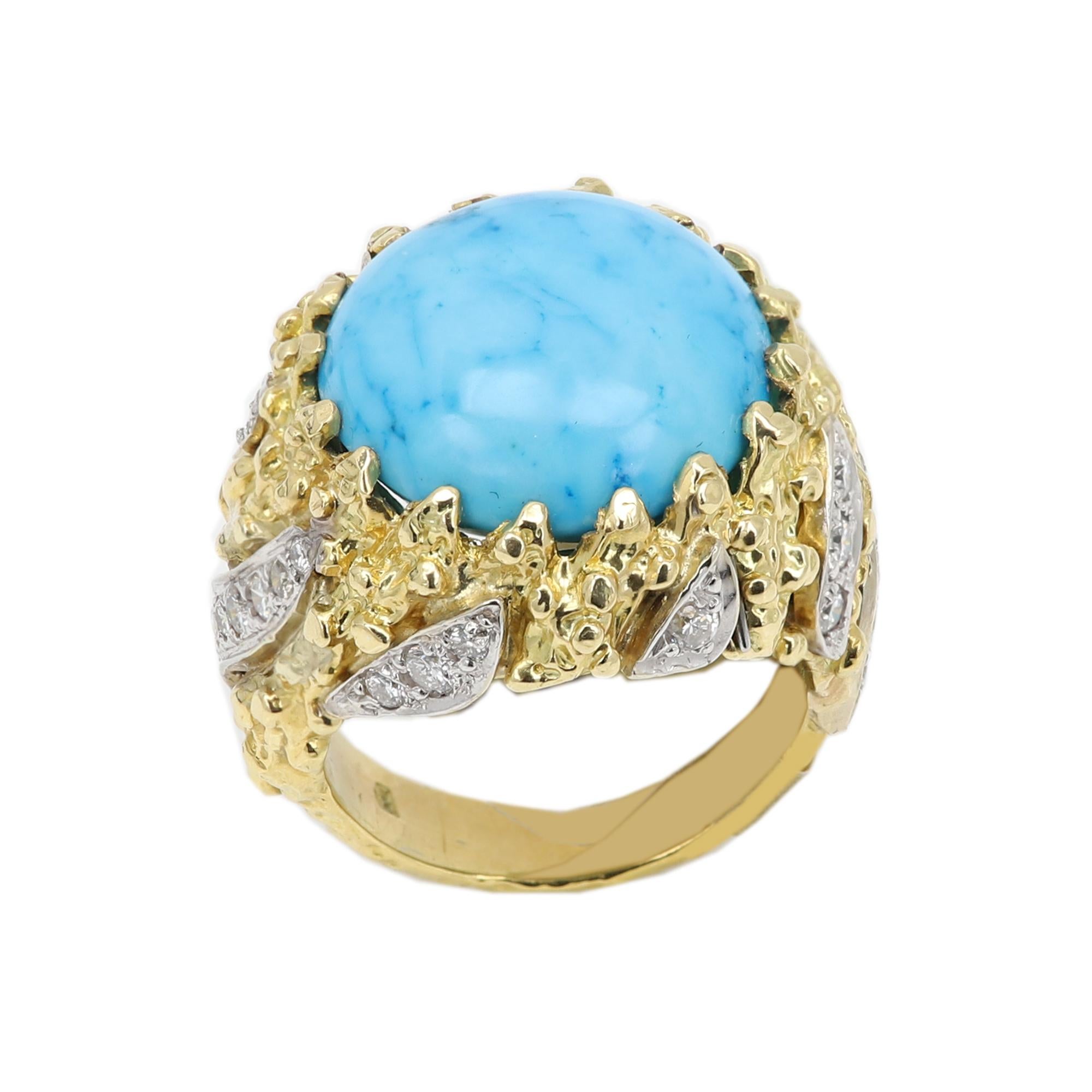 Vintage Turquoise Ring Two Tone Gold and Diamonds 18 Karat For Sale 3