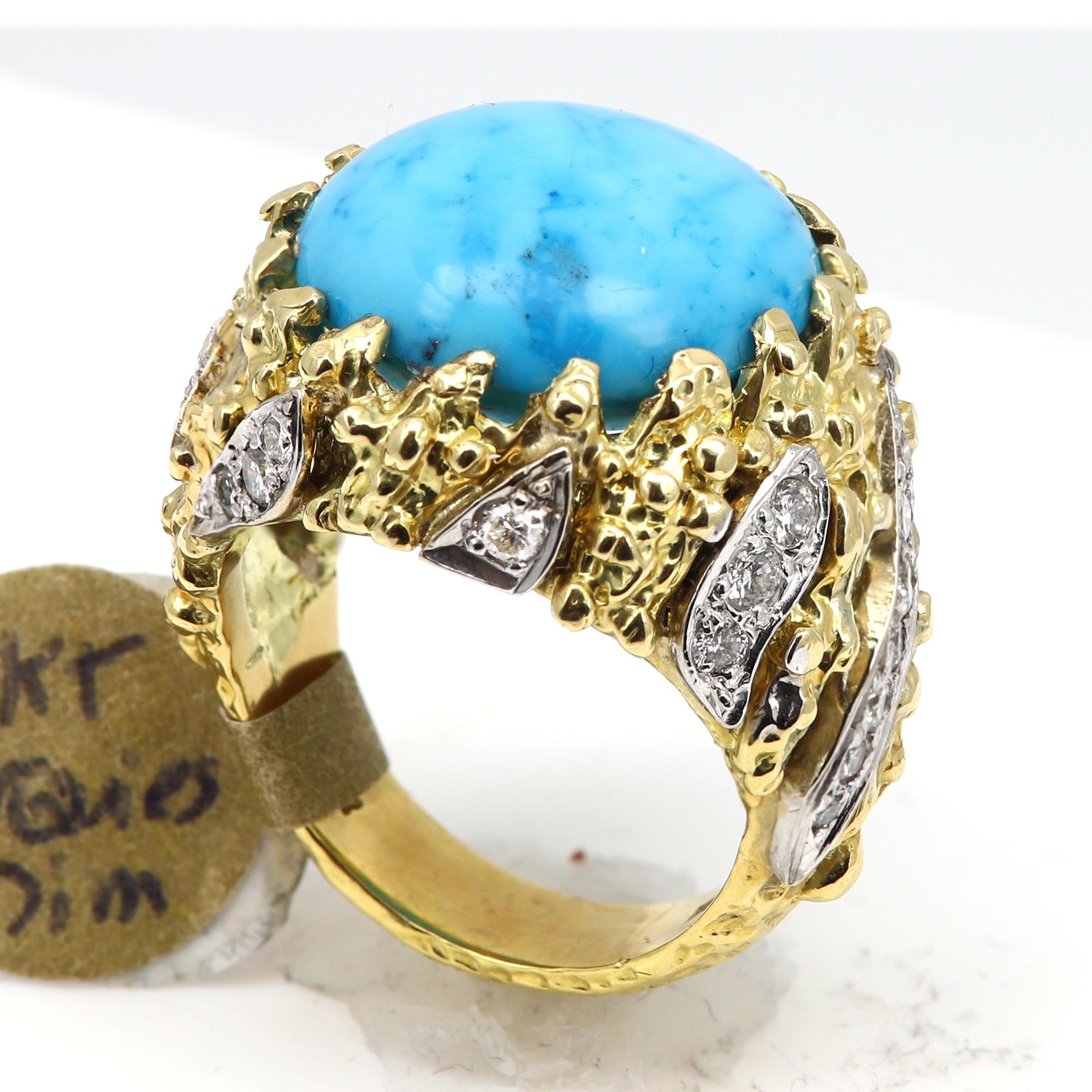 Vintage Turquoise Ring Two Tone Gold and Diamonds 18 Karat For Sale 4