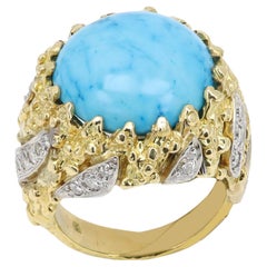 Vintage Turquoise Ring Two Tone Gold and Diamonds 18 Karat