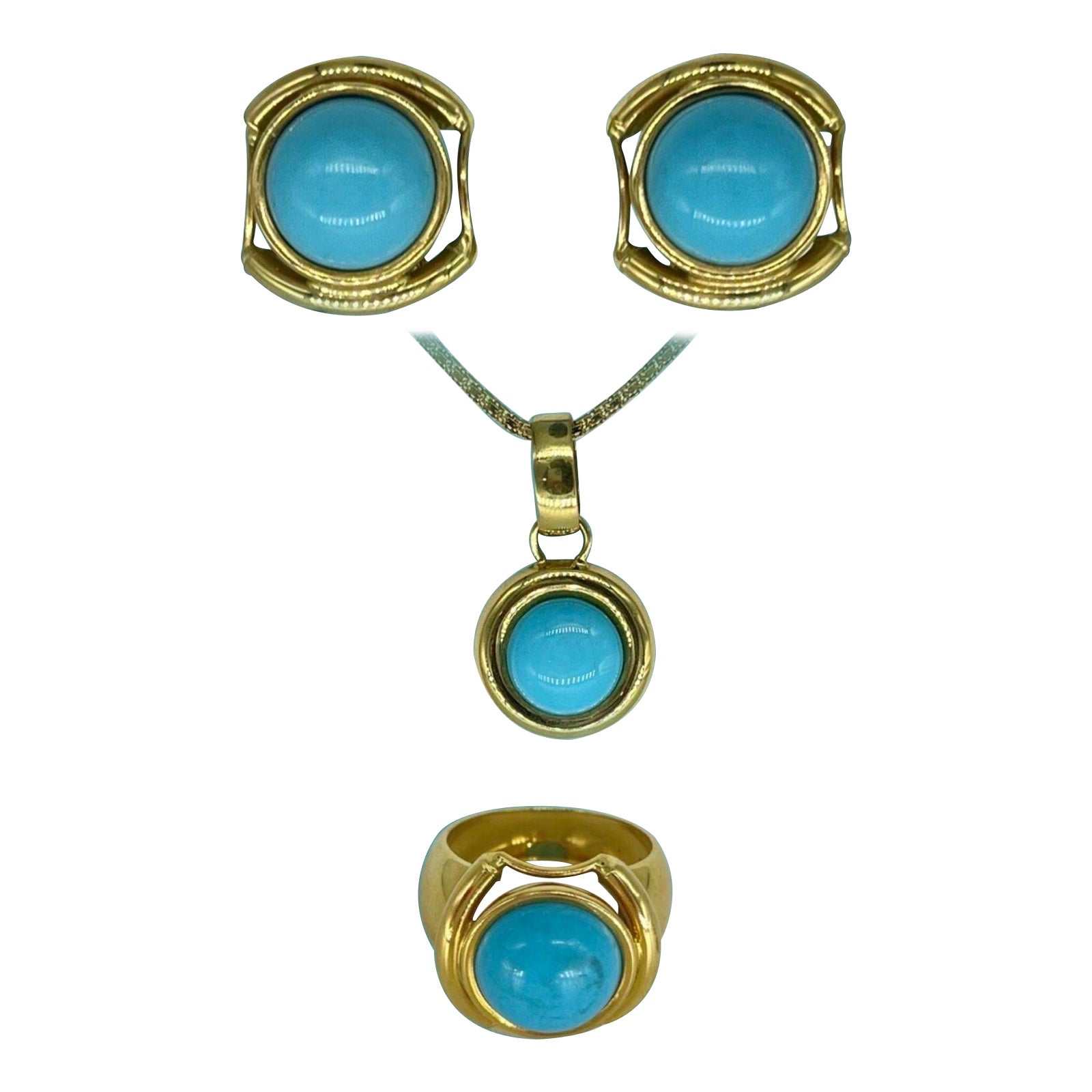 Conjunto Vintage de Pendiente, Anillo y Colgante de Piedra Redonda de Turquesa de Oro de 18k en venta
