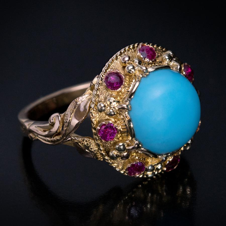 Cabochon Vintage Turquoise Ruby Gold Ring
