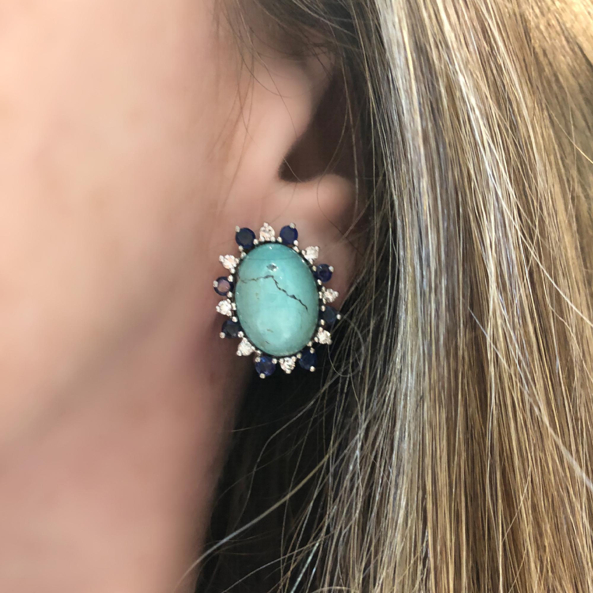 Mixed Cut Vintage Turquoise Sapphire and Diamond Clip-on in 18k For Sale