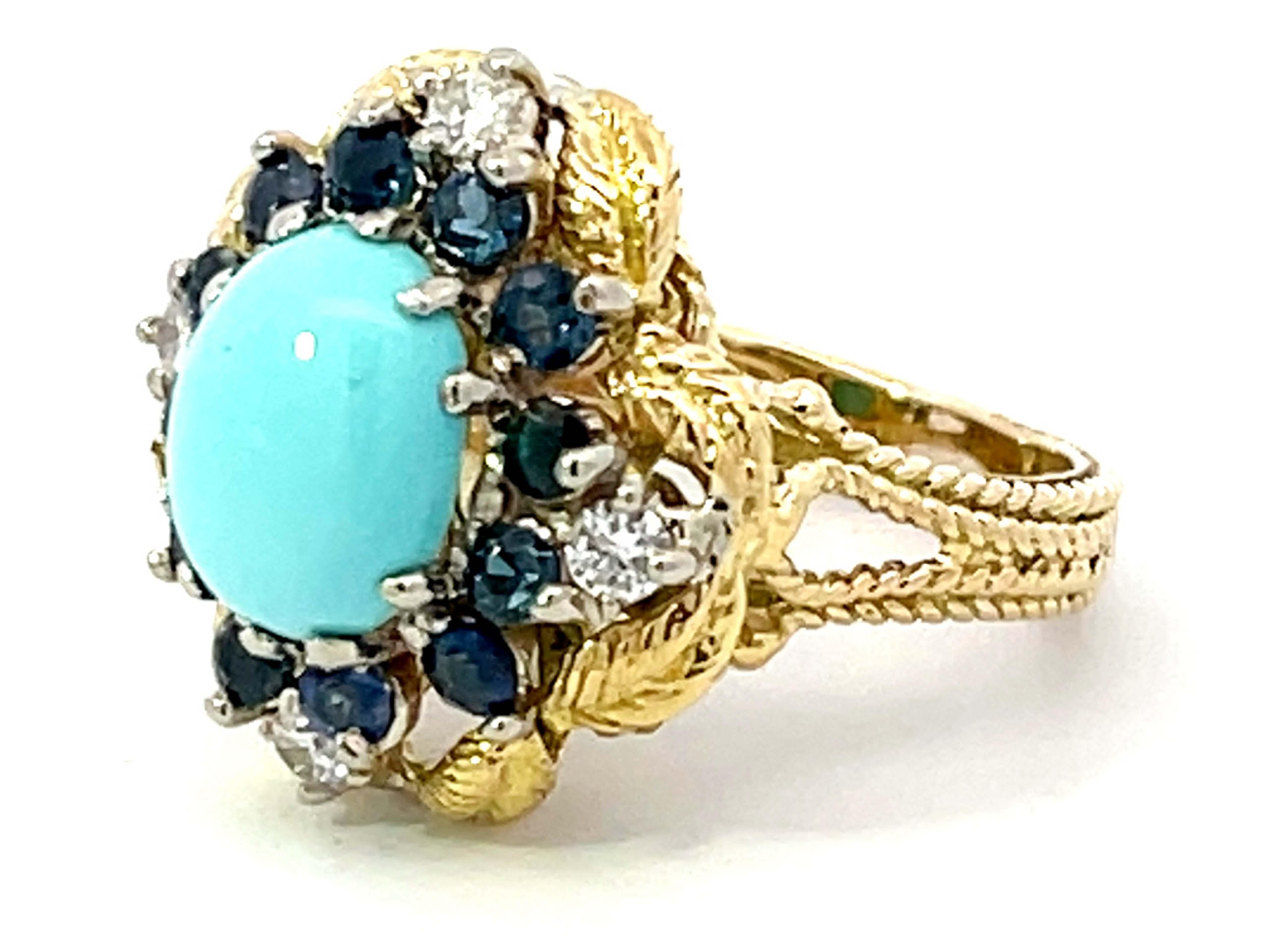 Modern Vintage Turquoise Sapphire and Diamond Ring in 18k Yellow Gold For Sale