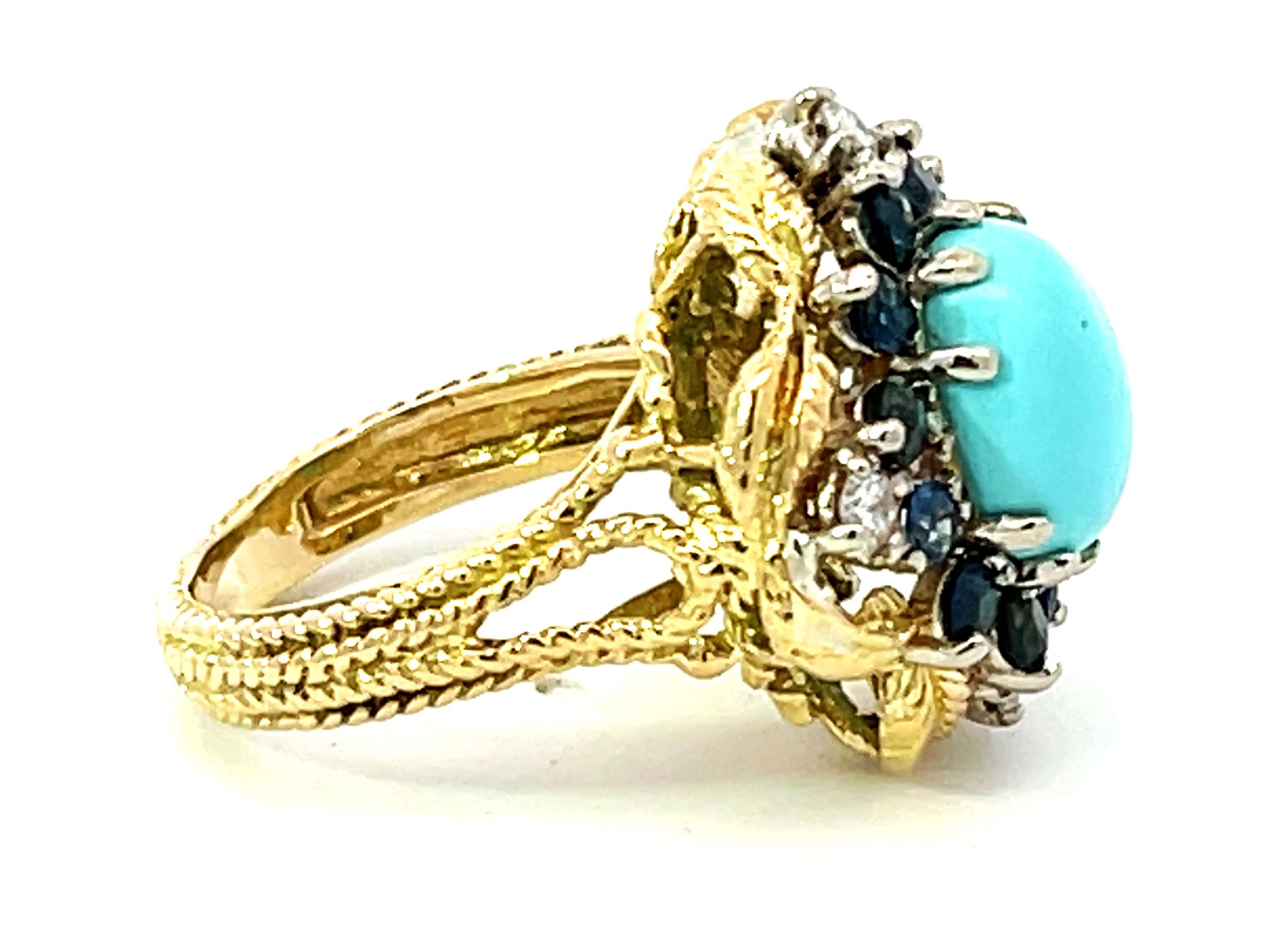 Cabochon Vintage Turquoise Sapphire and Diamond Ring in 18k Yellow Gold For Sale