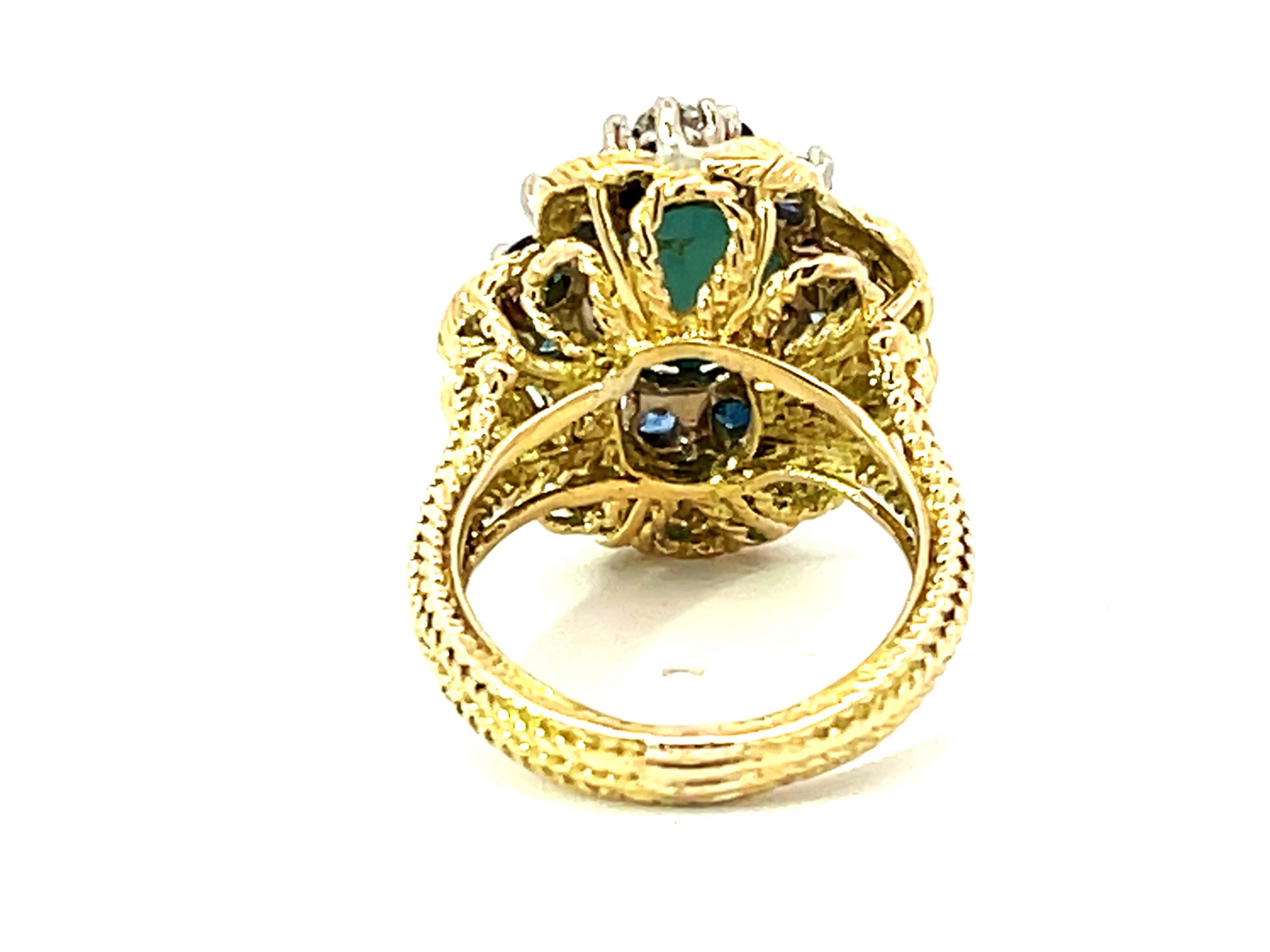 Women's Vintage Turquoise Sapphire and Diamond Ring in 18k Yellow Gold For Sale