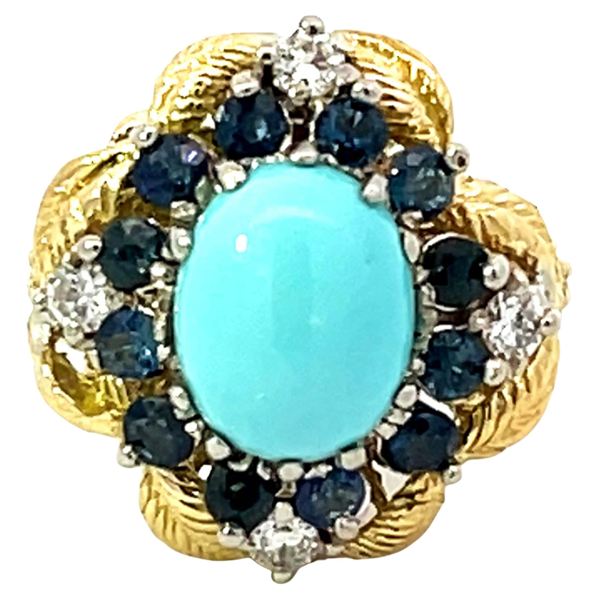 Vintage Turquoise Sapphire and Diamond Ring in 18k Yellow Gold For Sale