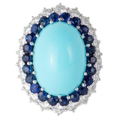 Vintage Turquoise Sapphire Diamond 18k White Gold Cluster Cocktail Ring