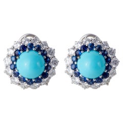 Retro Turquoise Sapphire Diamond 18k White Gold Cluster Earrings