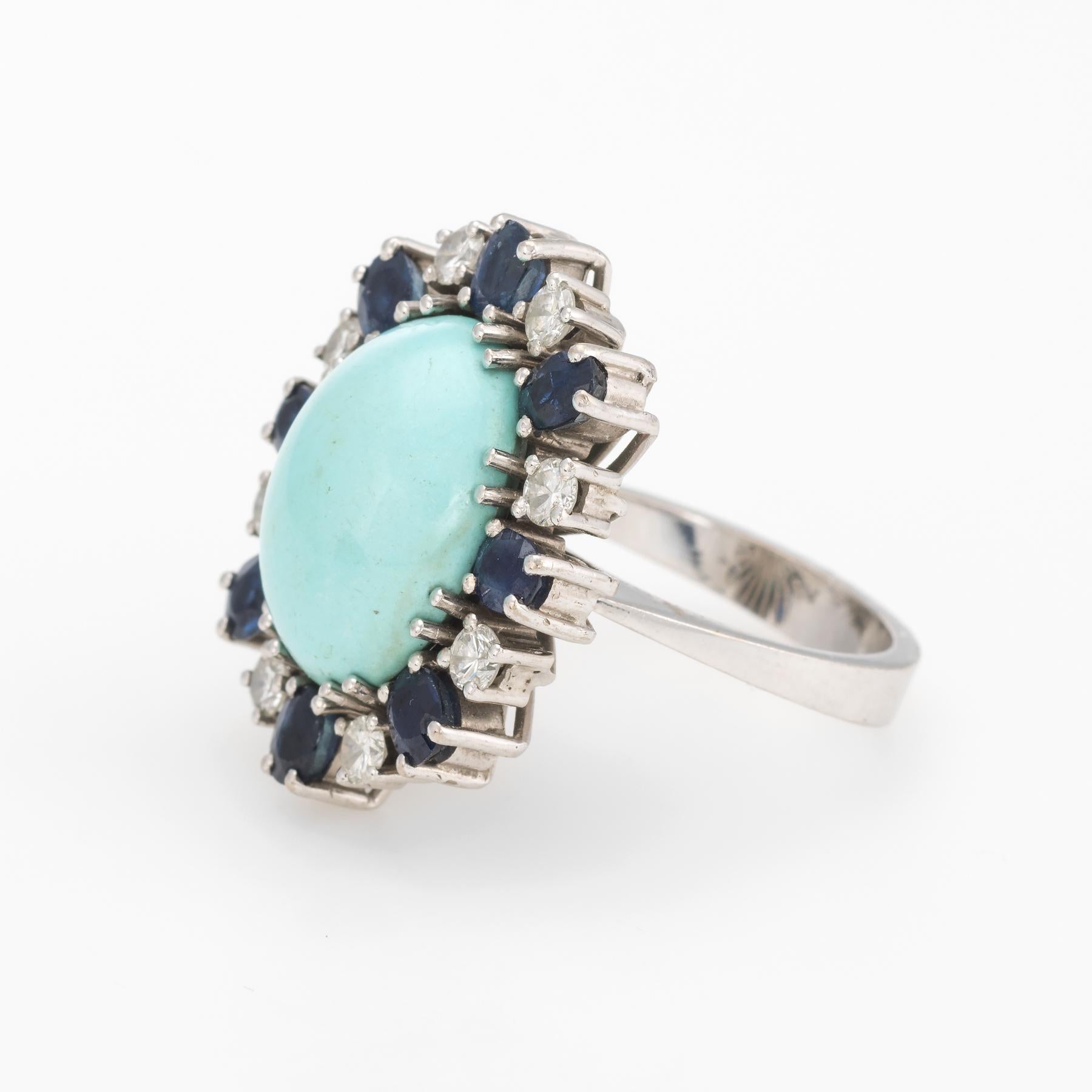 Women's Vintage Turquoise Sapphire Diamond Ring 18 Karat White Gold Estate Fine Jewelry
