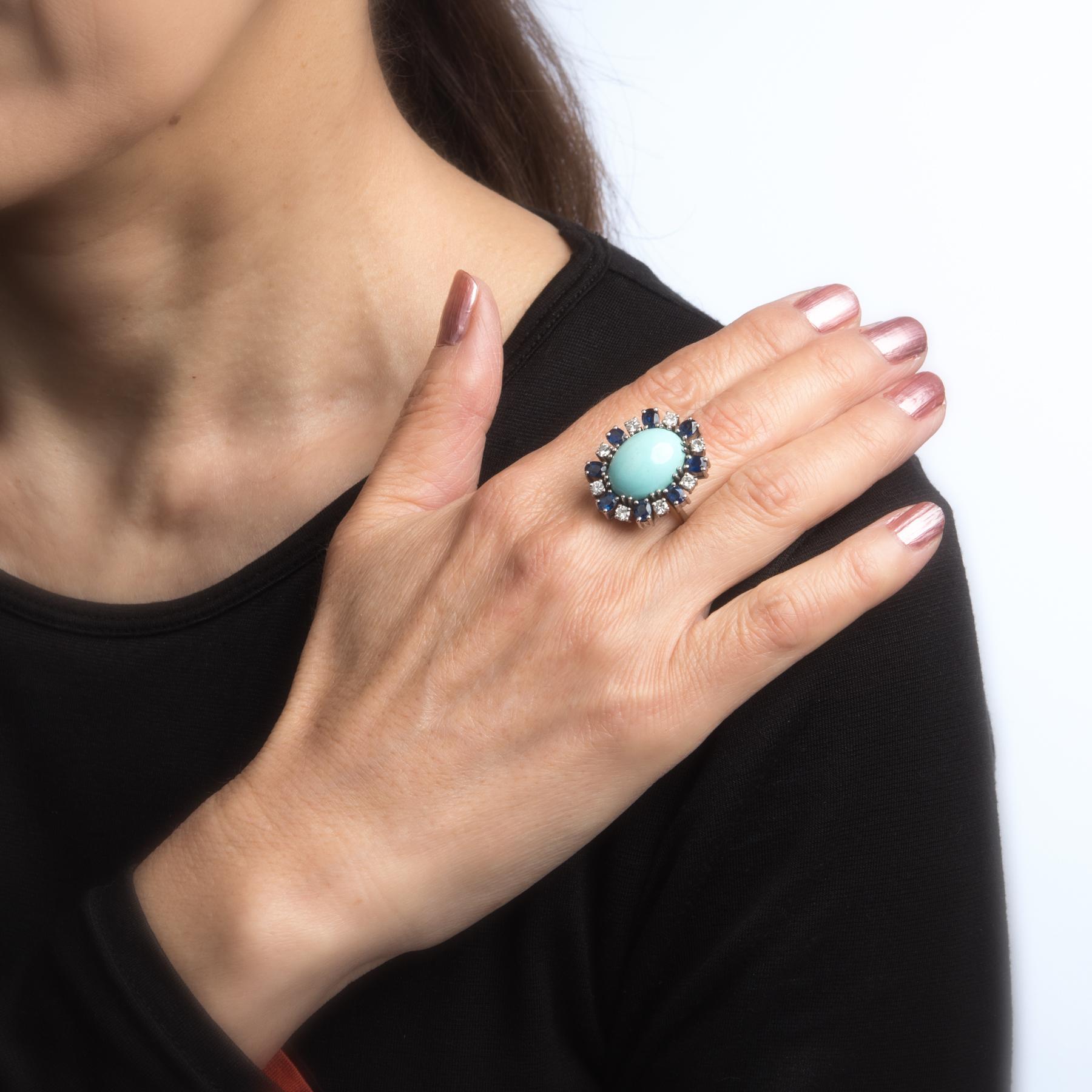 Vintage Turquoise Sapphire Diamond Ring 18 Karat White Gold Estate Fine Jewelry 2